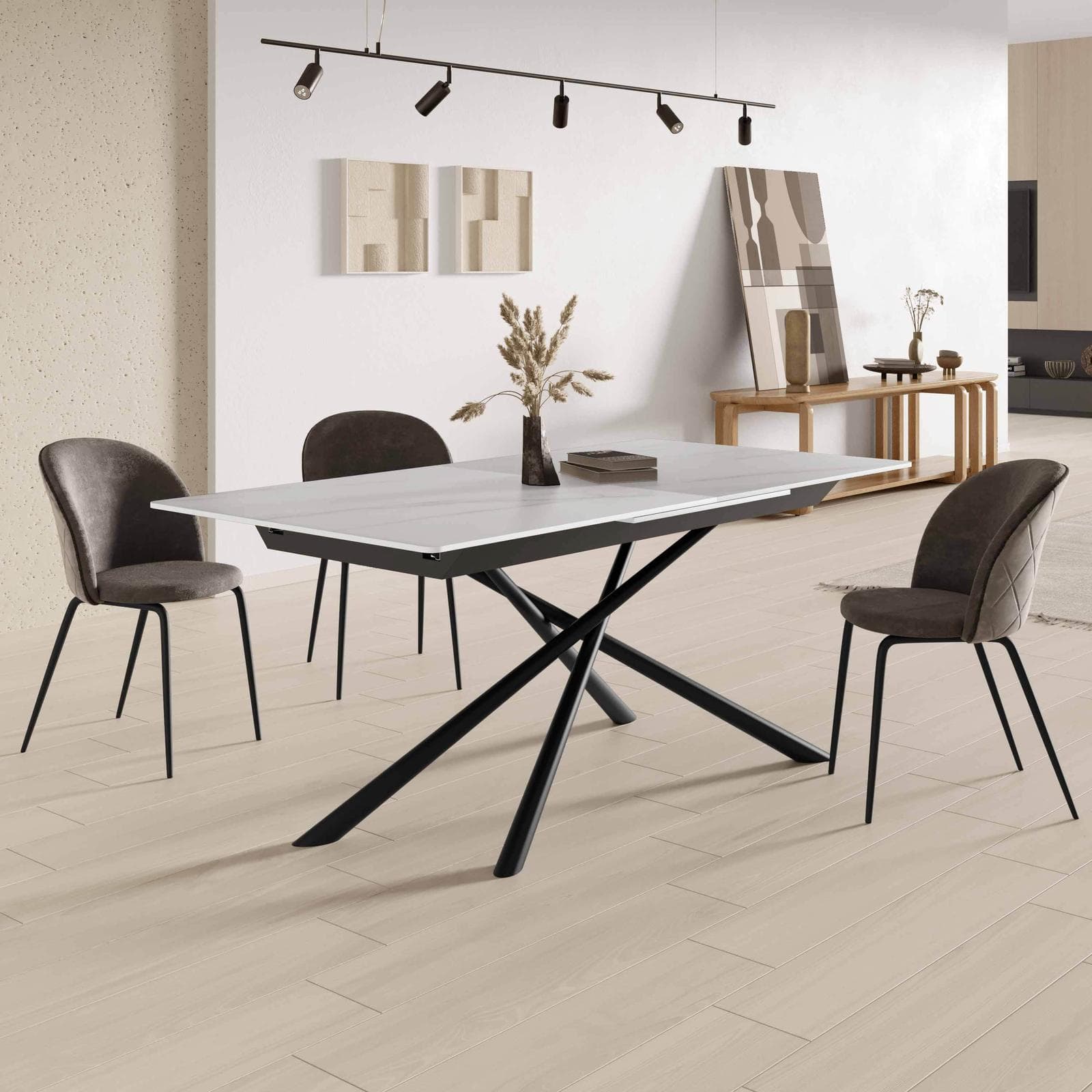 Tavolo allungabile 180-240x90 cm top in ceramica bianco effetto marmo con gambe in metallo nero - Augusto