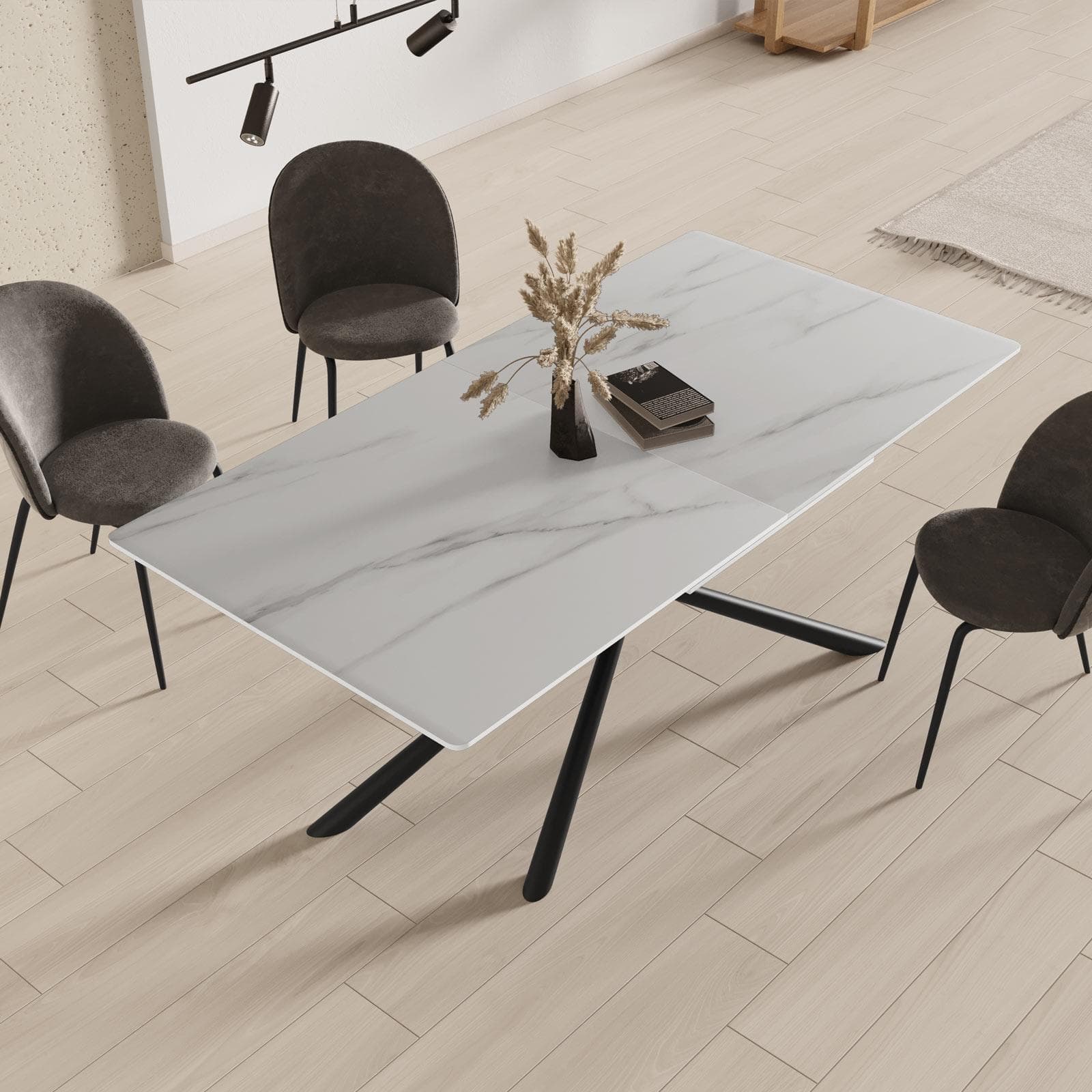 Tavolo allungabile 180-240x90 cm top in ceramica bianco effetto marmo con gambe in metallo nero - Augusto