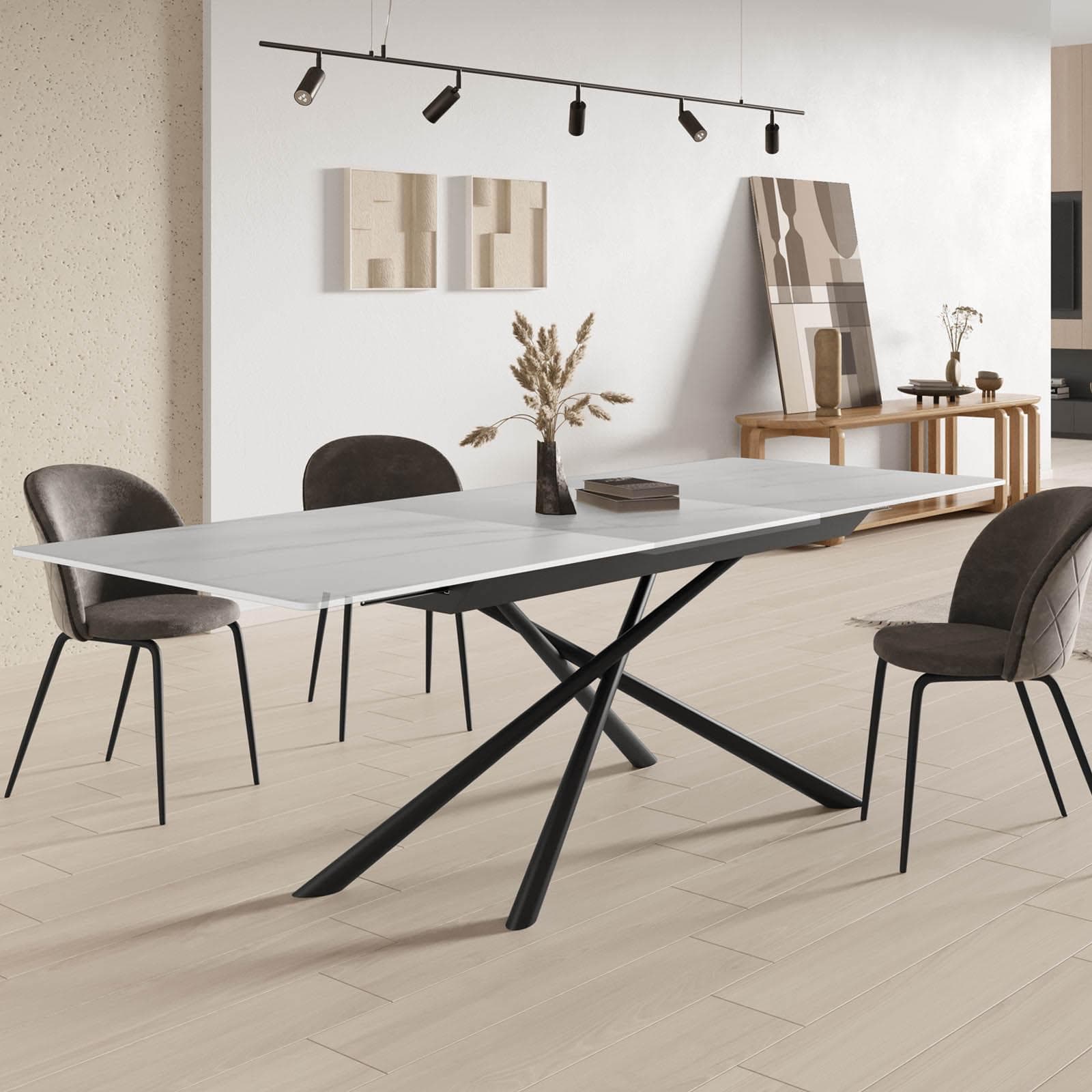 Tavolo allungabile 180-240x90 cm top in ceramica bianco effetto marmo con gambe in metallo nero - Augusto