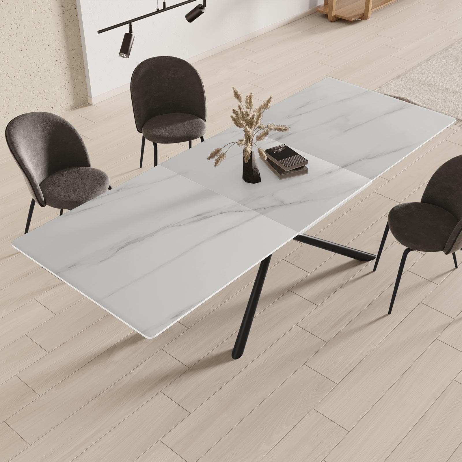 Tavolo allungabile 180-240x90 cm top in ceramica bianco effetto marmo con gambe in metallo nero - Augusto