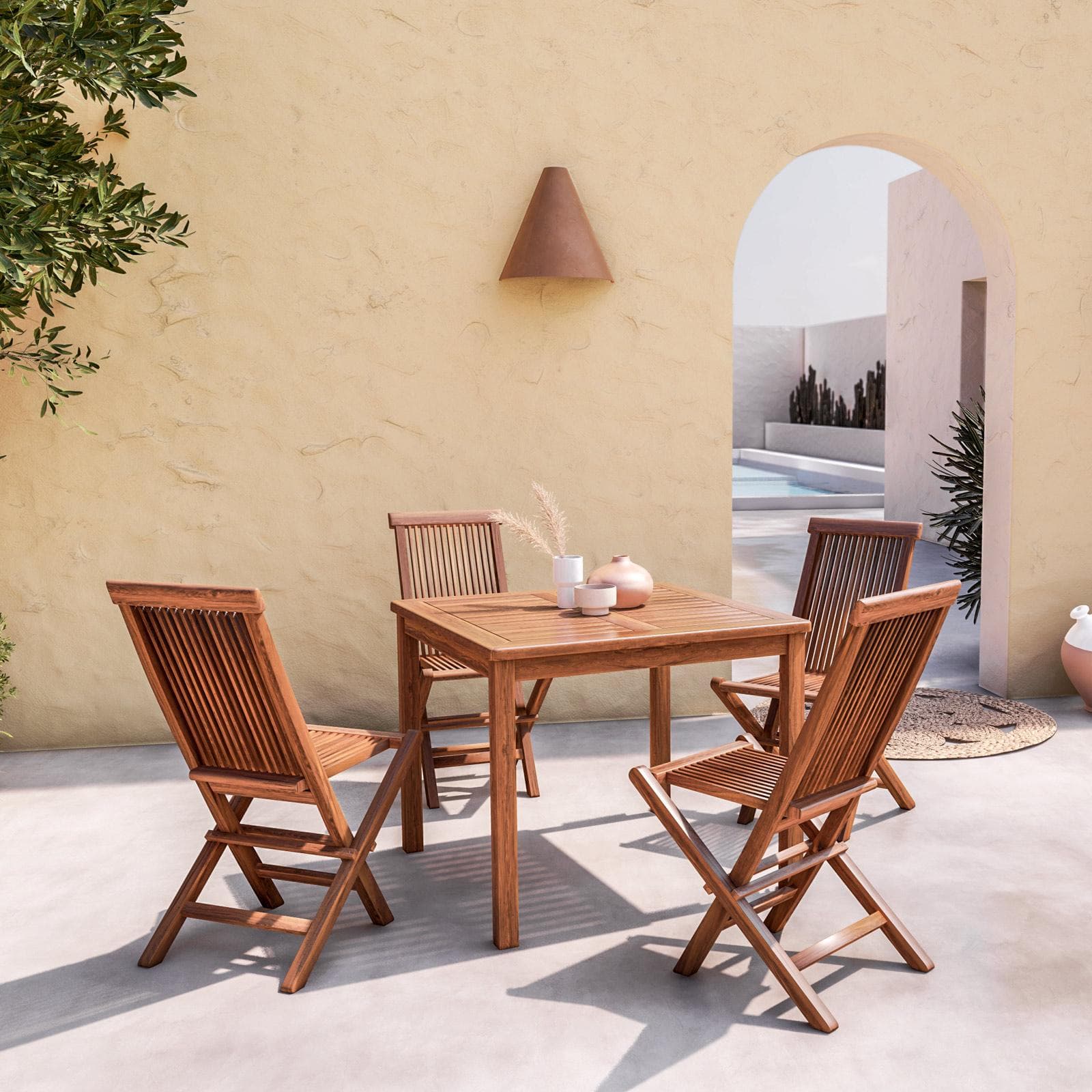 Set pranzo tavolo 90x90 cm e 4 sedie pieghevoli in legno teak - Louis