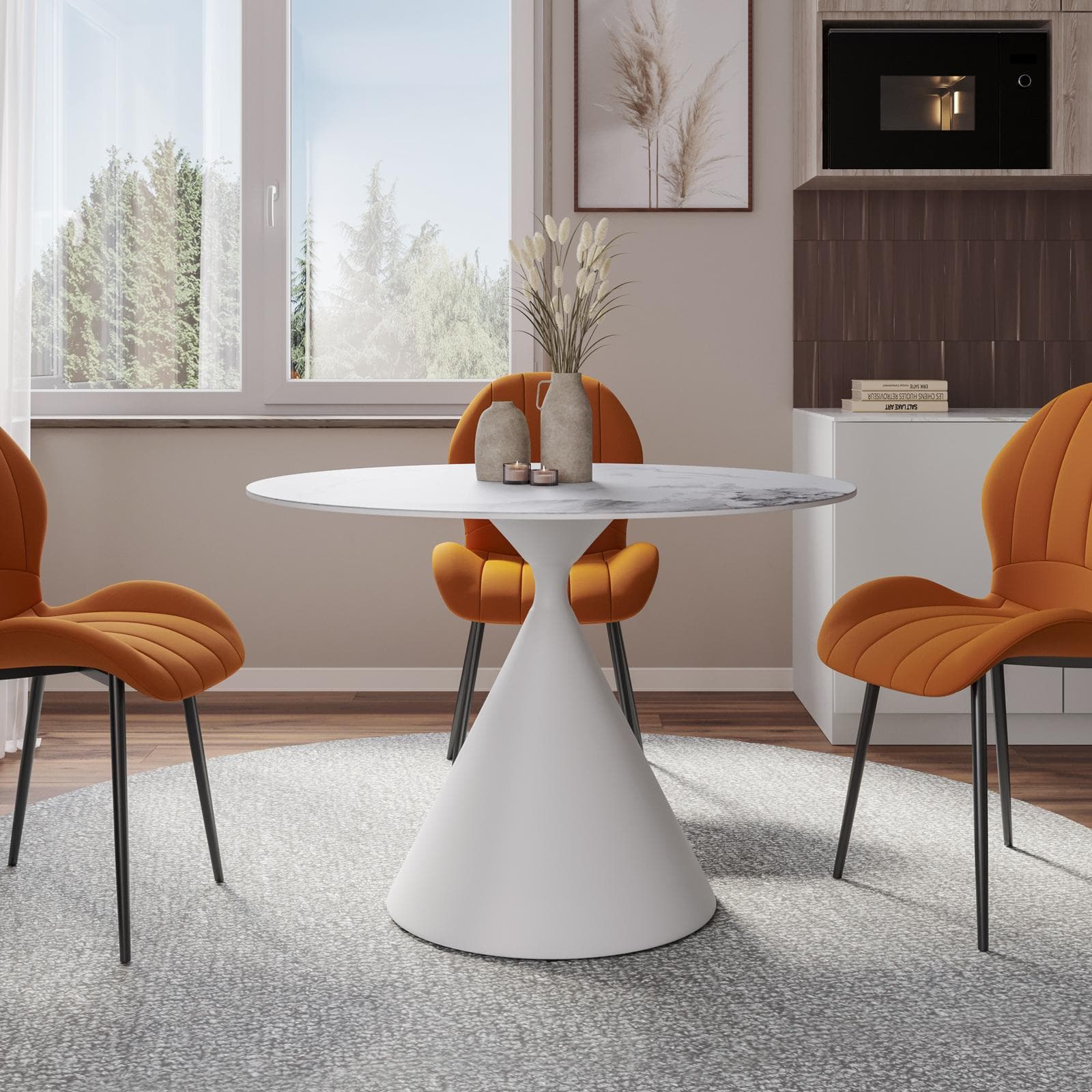 Tavolo rotondo 110 cm con top in pietra sinterizzata effetto marmo bianco - Twirl