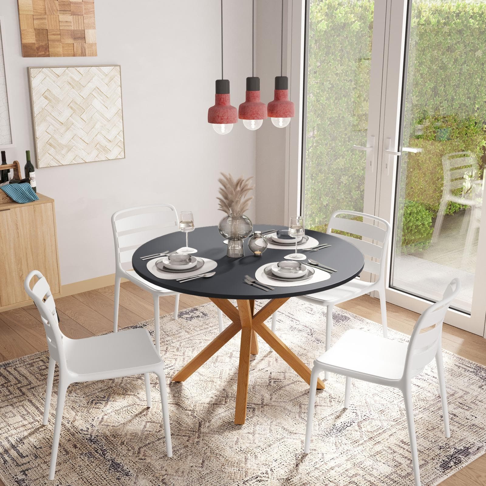 Tavolo rotondo 120 cm con top antracite e gambe incrociate rovere chiaro - Focal