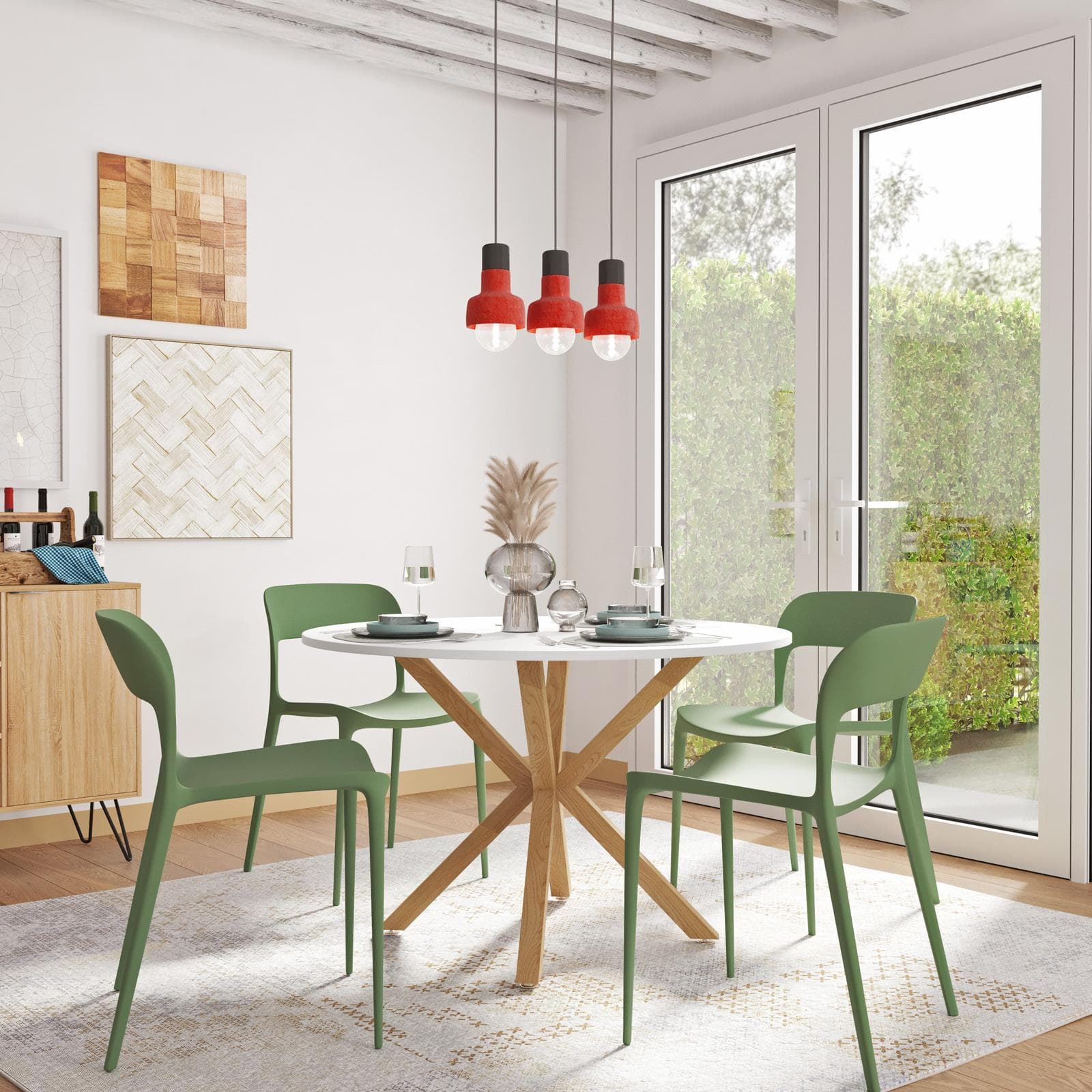 Tavolo rotondo 120 cm con top bianco e gambe incrociate rovere chiaro - Focal
