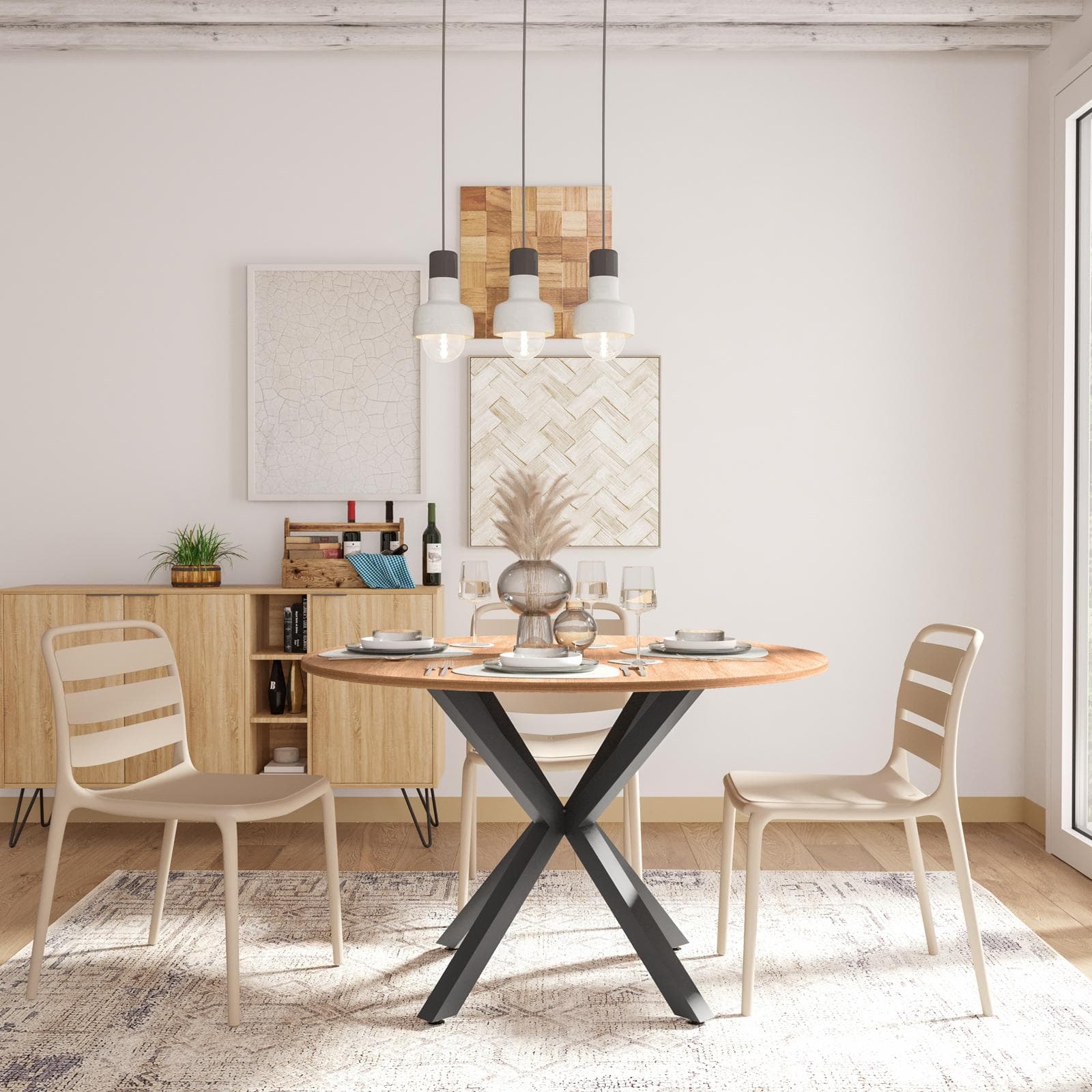 Tavolo rotondo 120 cm con top rovere e gambe incrociate nero - Focal