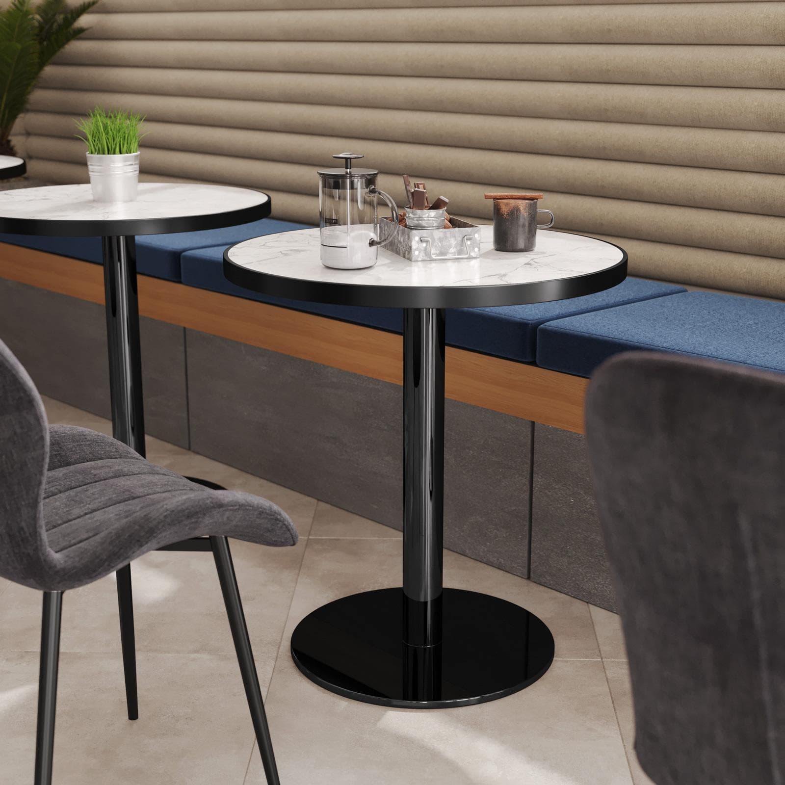Tavolo rotondo 70 cm top in pietra siterizzata bianco effetto marmo e base nero in acciaio spazzolato - Caio Deluxe