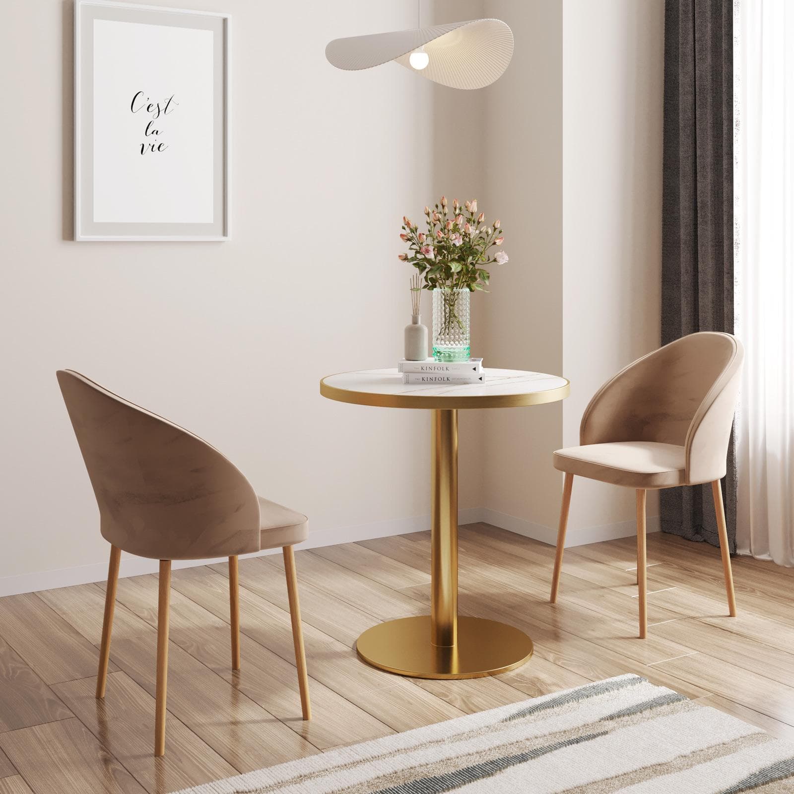 Tavolo rotondo 70 cm top in pietra siterizzata bianco effetto marmo e base oro in acciaio spazzolato - Caio Deluxe