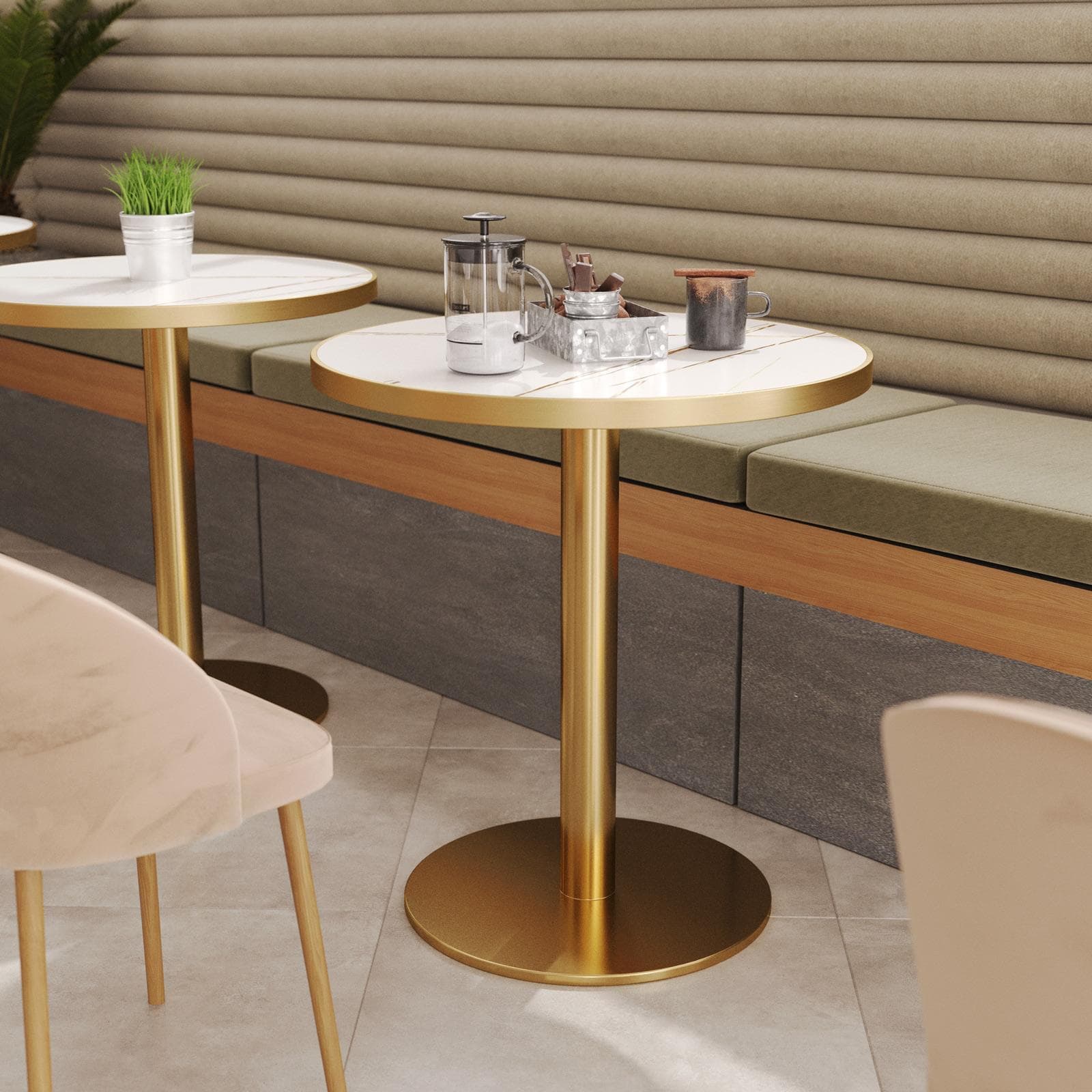 Tavolo rotondo 70 cm top in pietra siterizzata bianco effetto marmo e base oro in acciaio spazzolato - Caio Deluxe