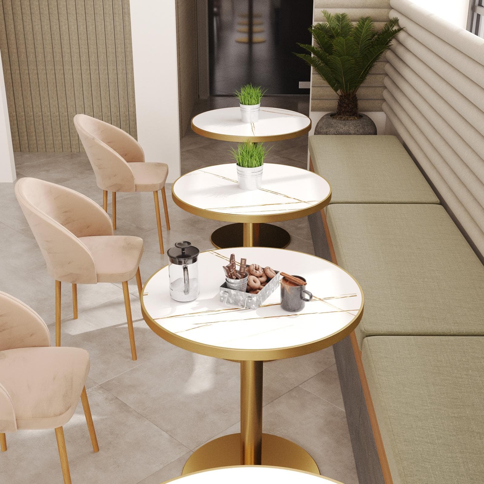 Tavolo rotondo 70 cm top in pietra siterizzata bianco effetto marmo e base oro in acciaio spazzolato - Caio Deluxe