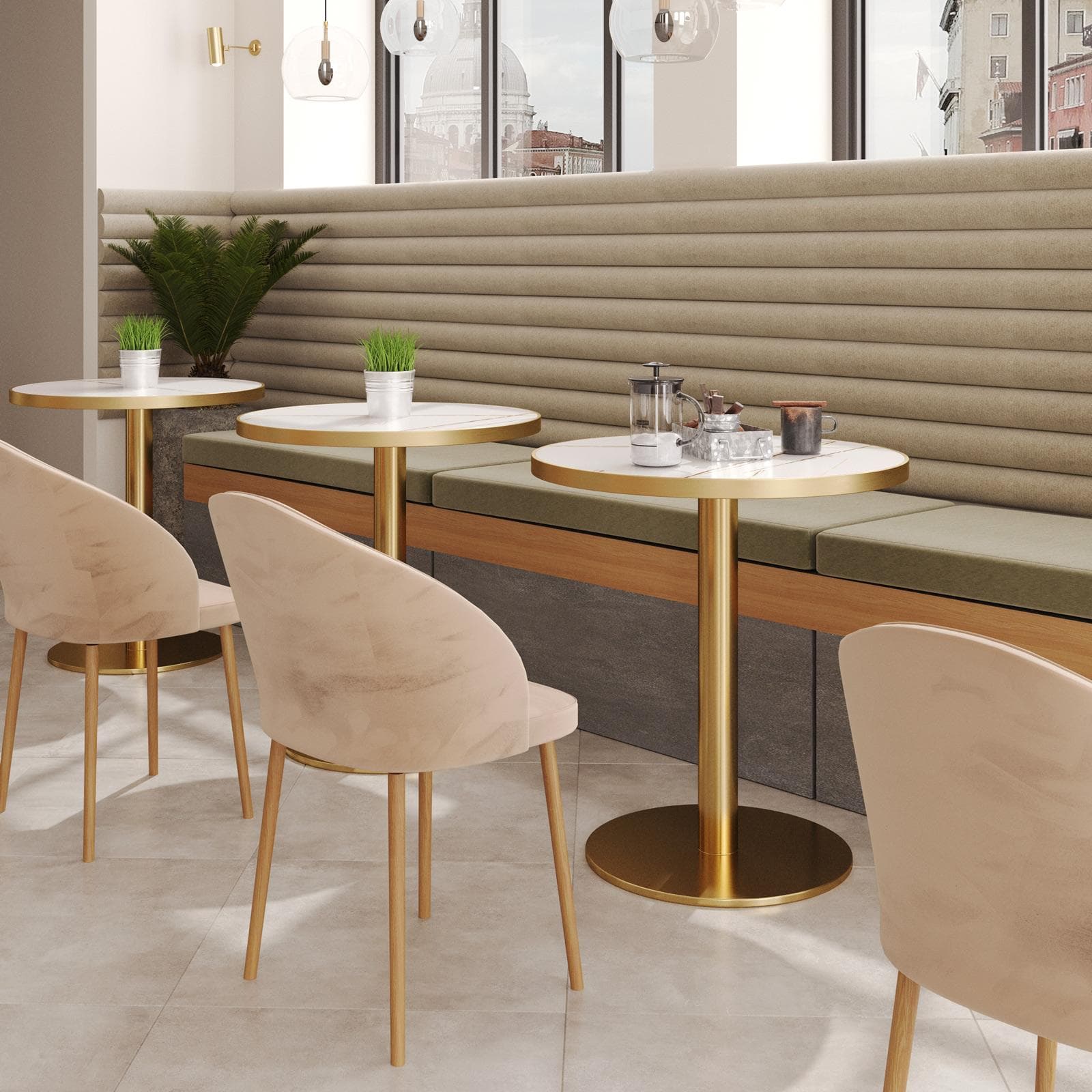 Tavolo rotondo 70 cm top in pietra siterizzata bianco effetto marmo e base oro in acciaio spazzolato - Caio Deluxe