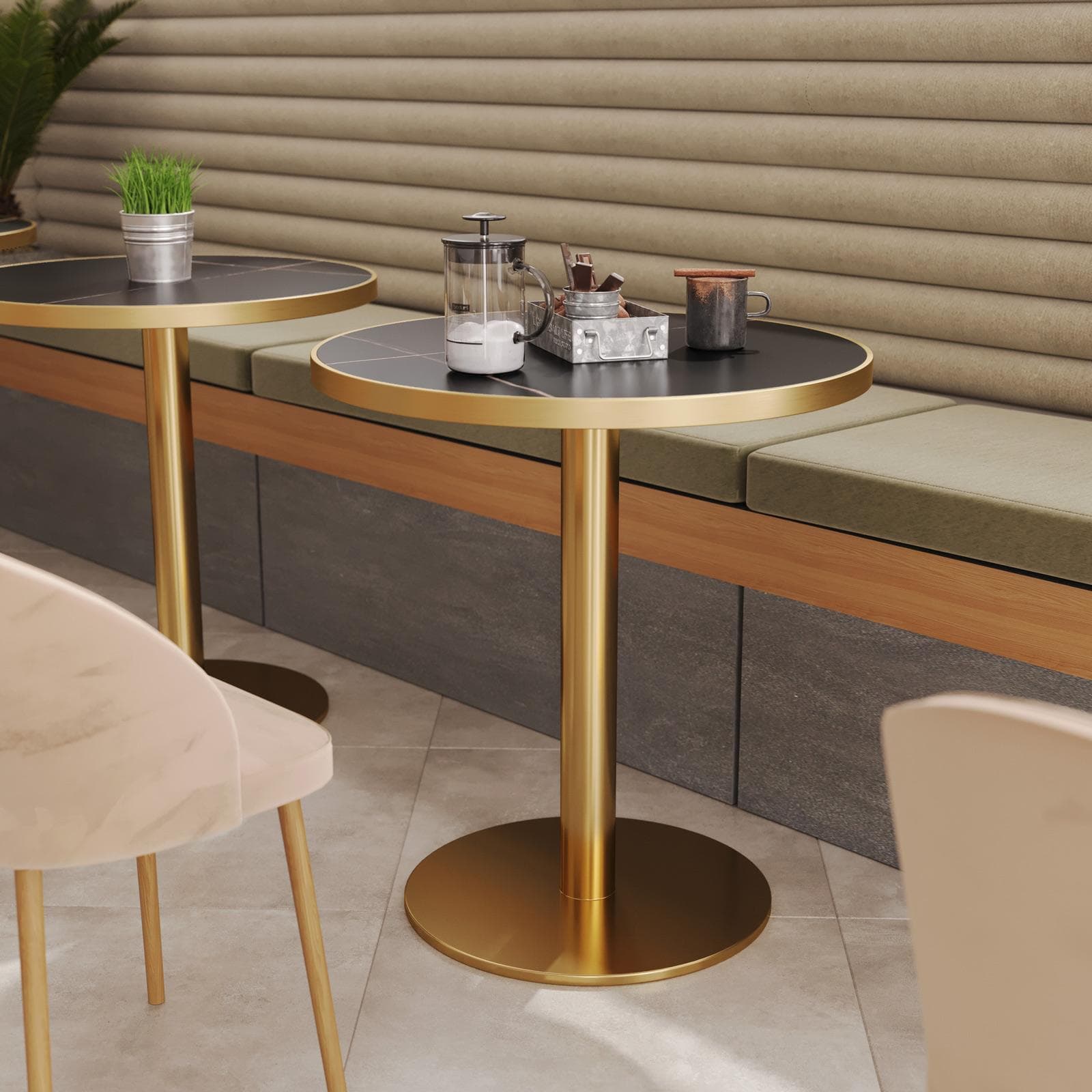 Tavolo rotondo 70 cm top in pietra siterizzata nero effetto marmo e base oro in acciaio spazzolato - Caio Deluxe