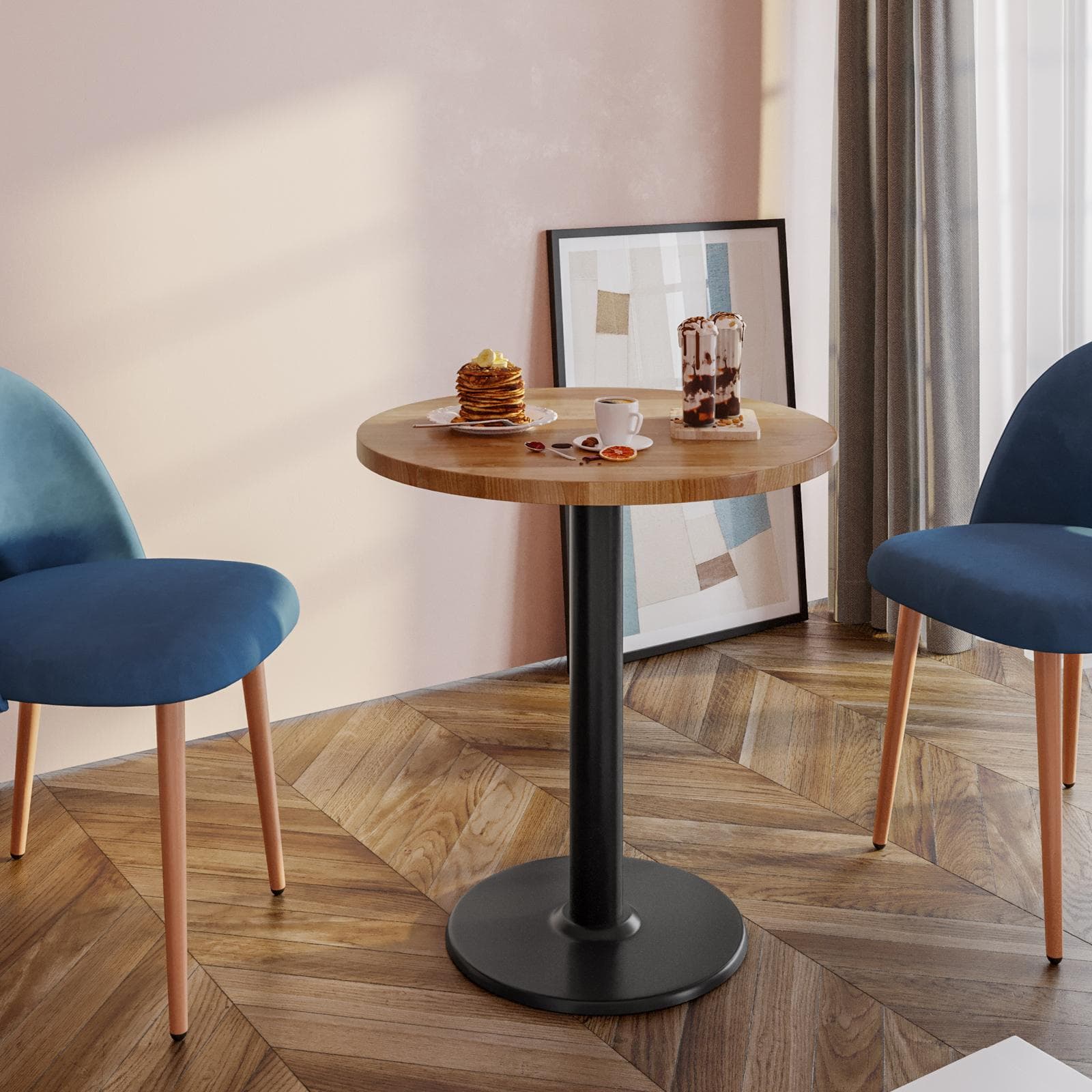 Tavolo rotondo 80 cm con top da 30 mm effetto rovere scuro e base in metallo nero - Caio