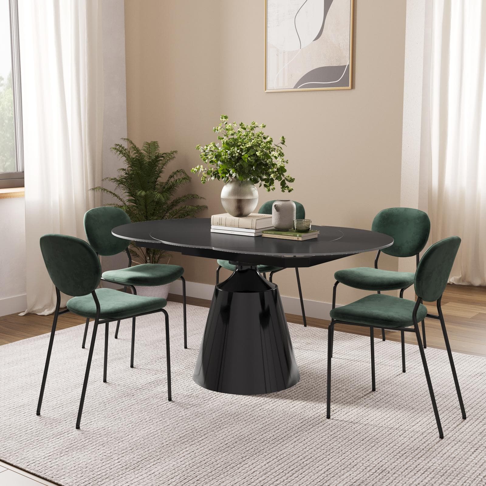 Tavolo rotondo allungabile 100-156x90 cm con meccanismo girevole top in ceramica e base in metallo nero - Mochi