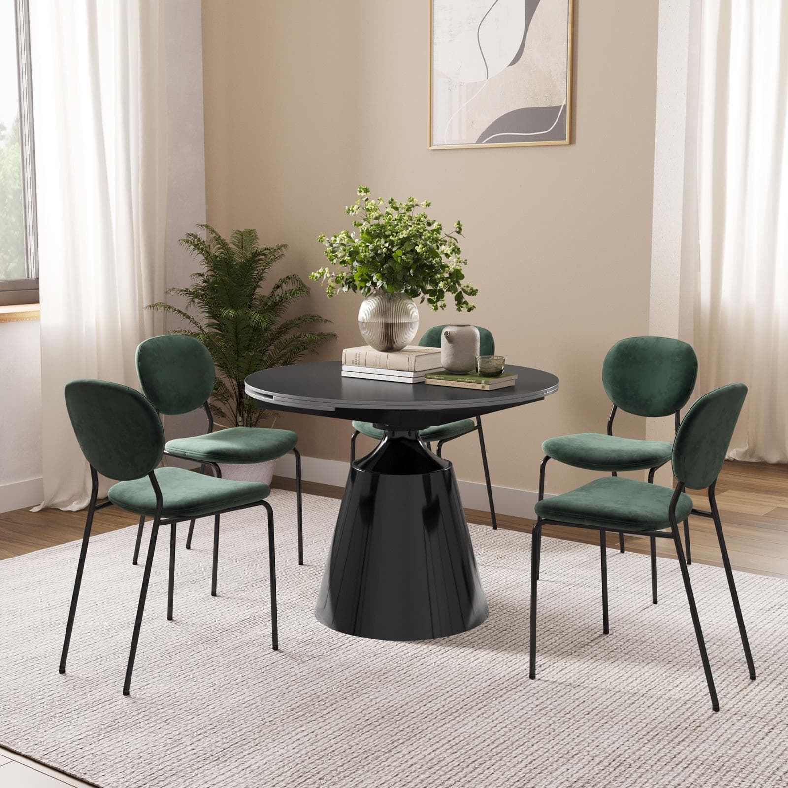 Tavolo rotondo allungabile 100-156x90 cm con meccanismo girevole top in ceramica e base in metallo nero - Mochi