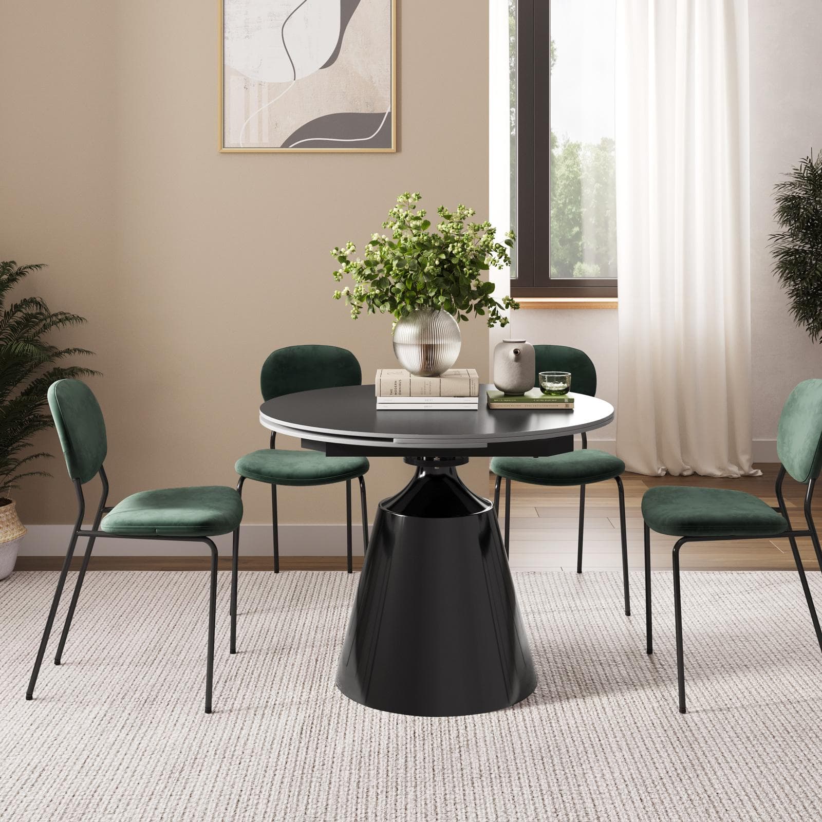 Tavolo rotondo allungabile 100-156x90 cm con meccanismo girevole top in ceramica e base in metallo nero - Mochi