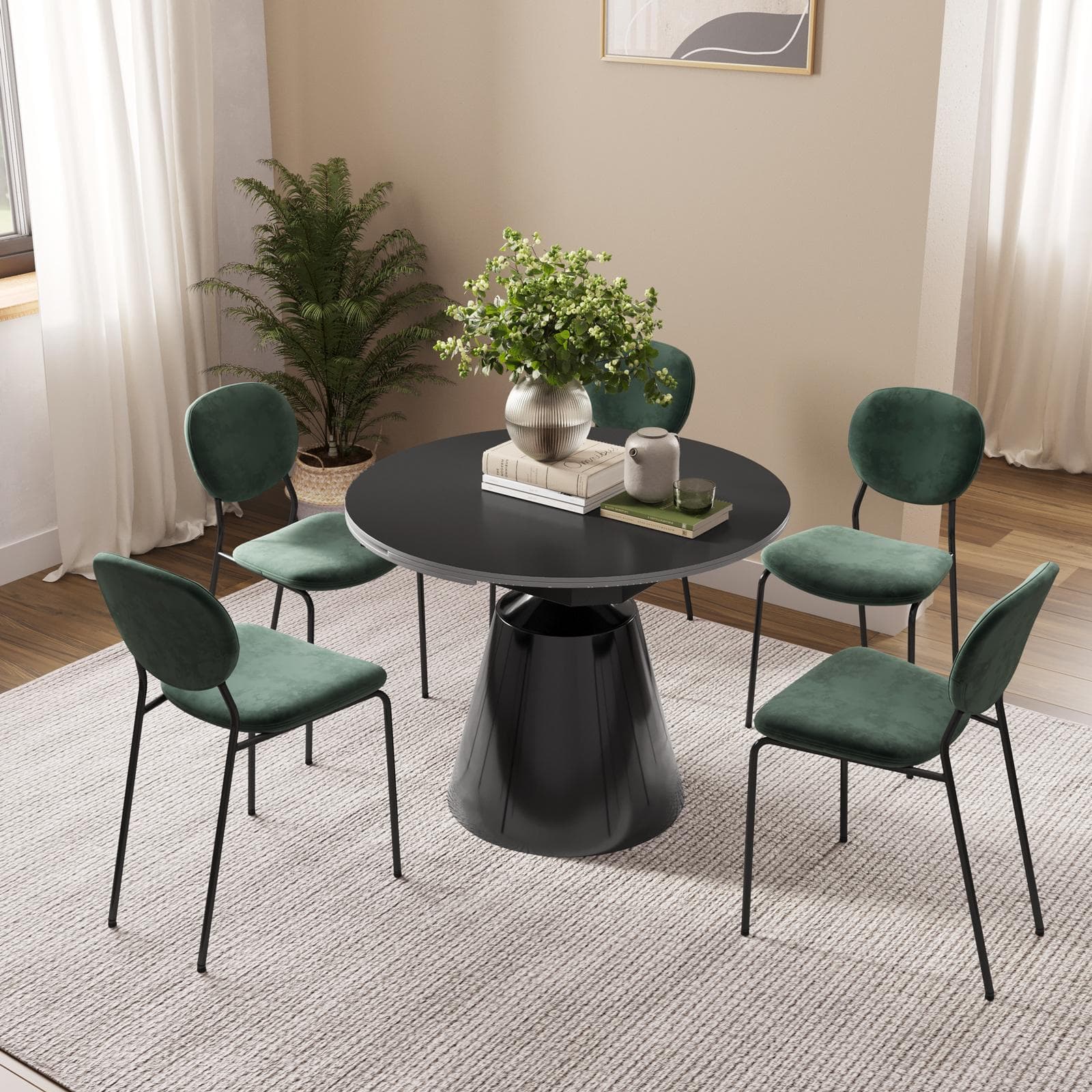 Tavolo rotondo allungabile 100-156x90 cm con meccanismo girevole top in ceramica e base in metallo nero - Mochi