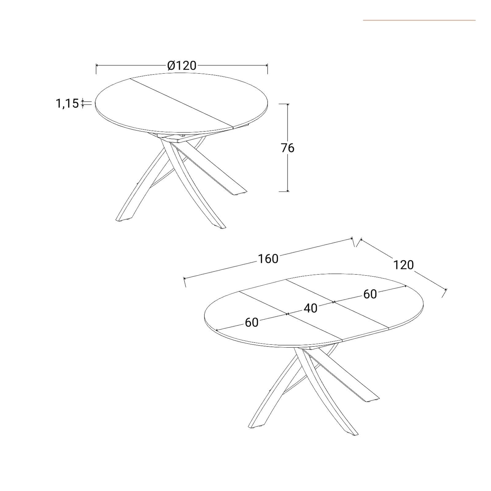 Tavolo rotondo allungabile 120-160 cm top in vetro effetto marmo bianco e gambe incrociate - Talamo