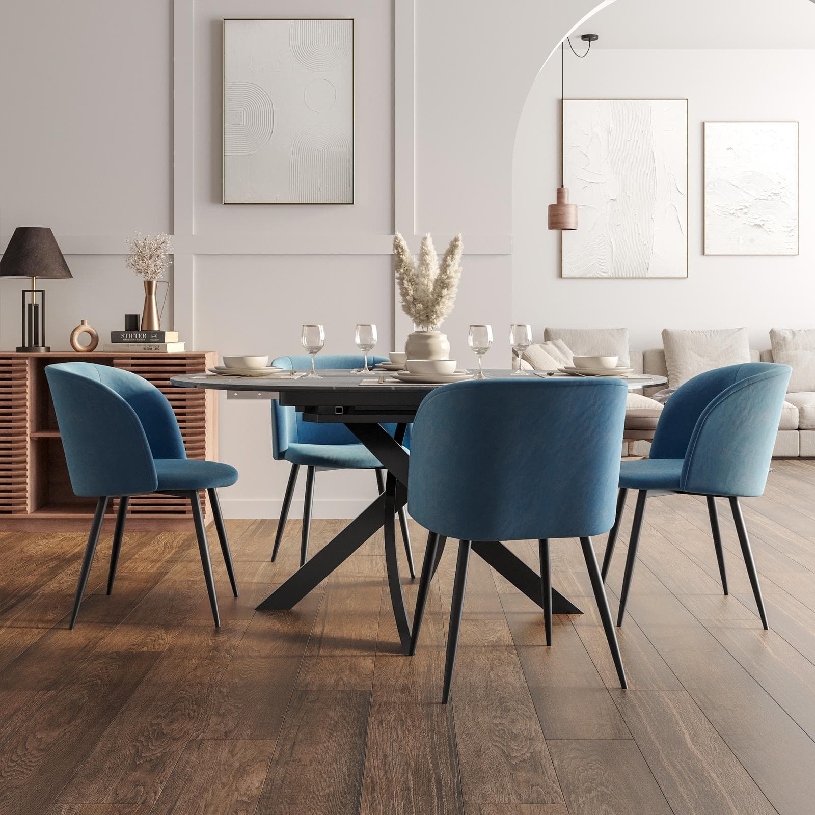 Tavolo rotondo allungabile 120-160 cm top in vetro effetto marmo grigio e gambe incrociate - Talamo