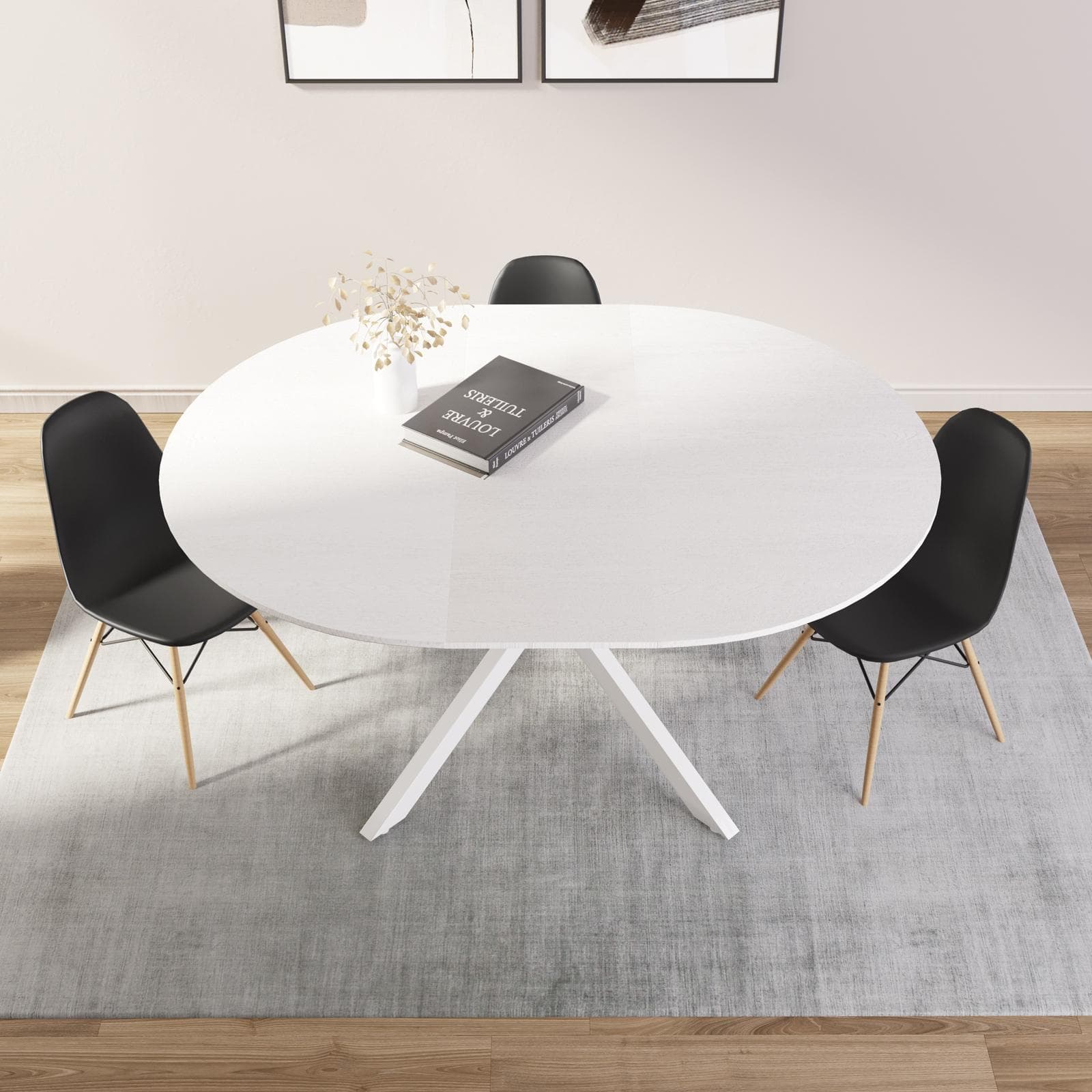 Tavolo rotondo allungabile 120-160x120 cm top bianco e gambe in metallo bianco - Osjon
