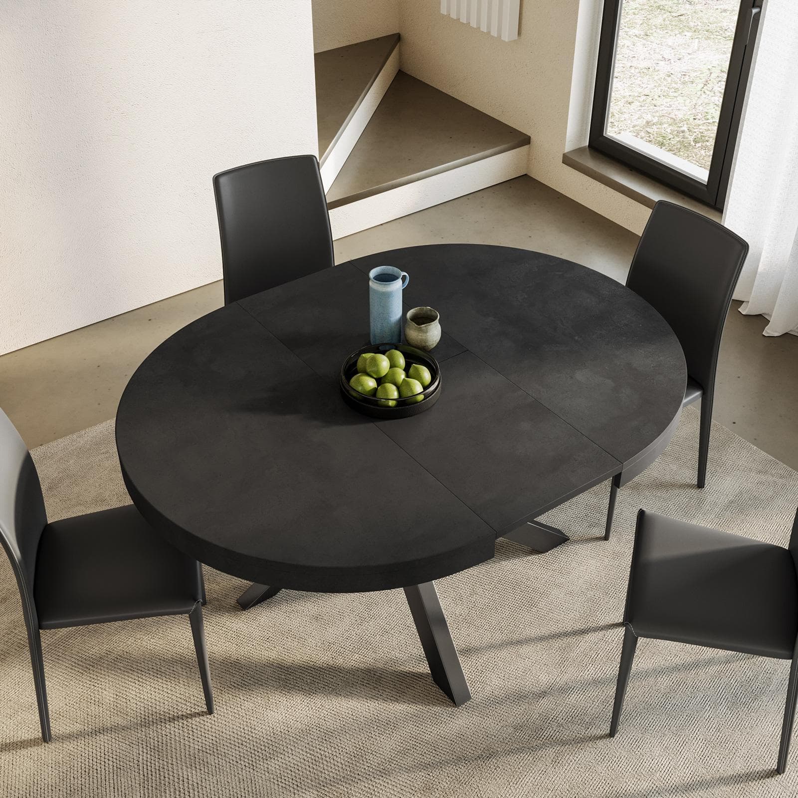 Tavolo rotondo allungabile 120-160x120 cm top nero cemento con gambe in metallo nero - Barker