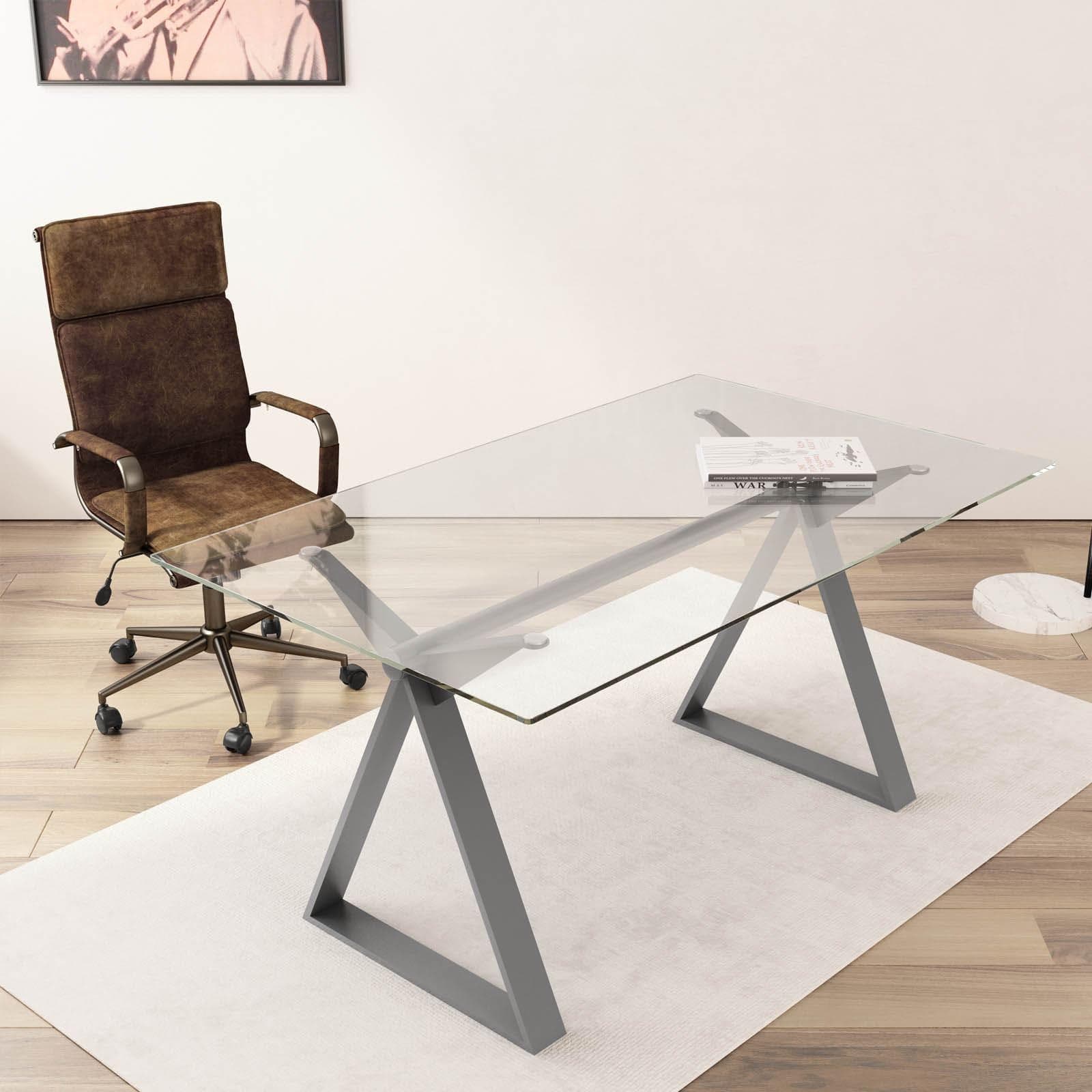 Scrivania 150x90 cm piano vetro temperato 10 mm e base in acciaio grigio - Masao