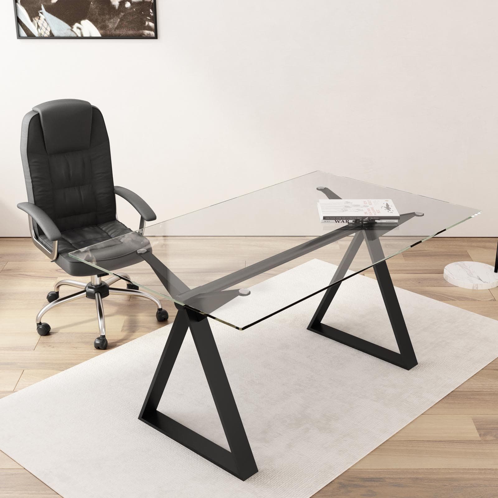 Scrivania 150x90 cm piano vetro temperato 10 mm e base in acciaio nero - Masao