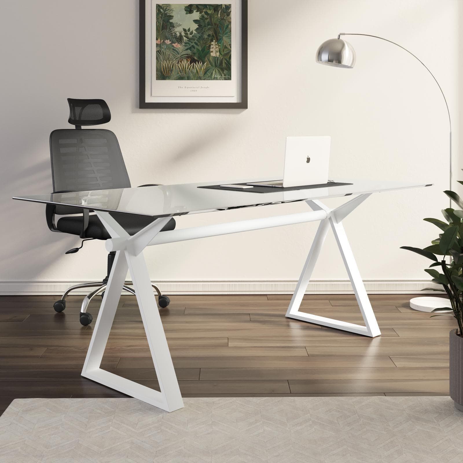 Scrivania 180x90 cm piano vetro temperato 10 mm e base in acciaio bianco - Masao XL