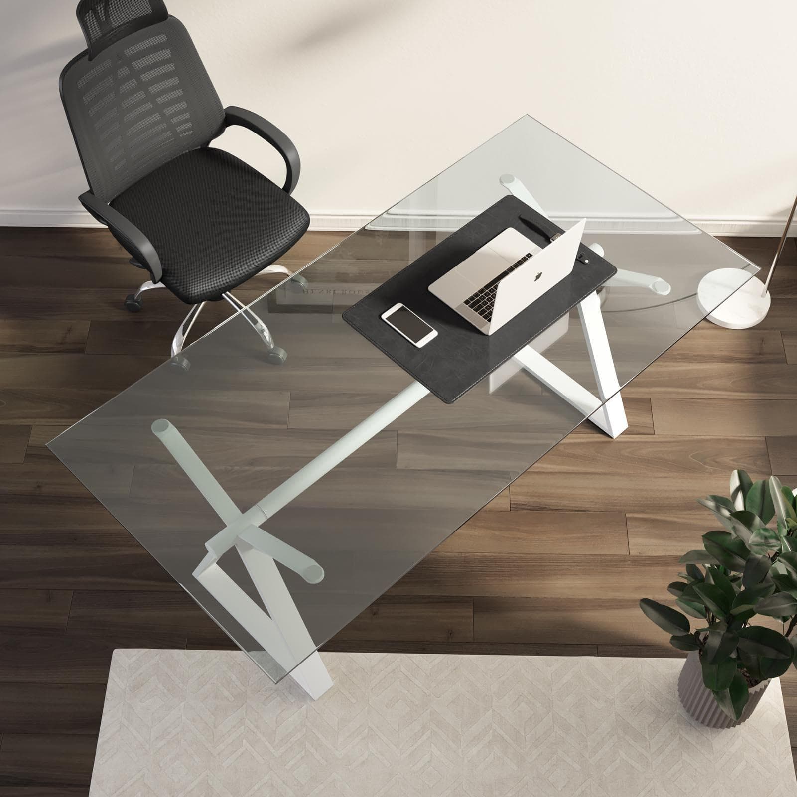 Scrivania 180x90 cm piano vetro temperato 10 mm e base in acciaio bianco - Masao XL
