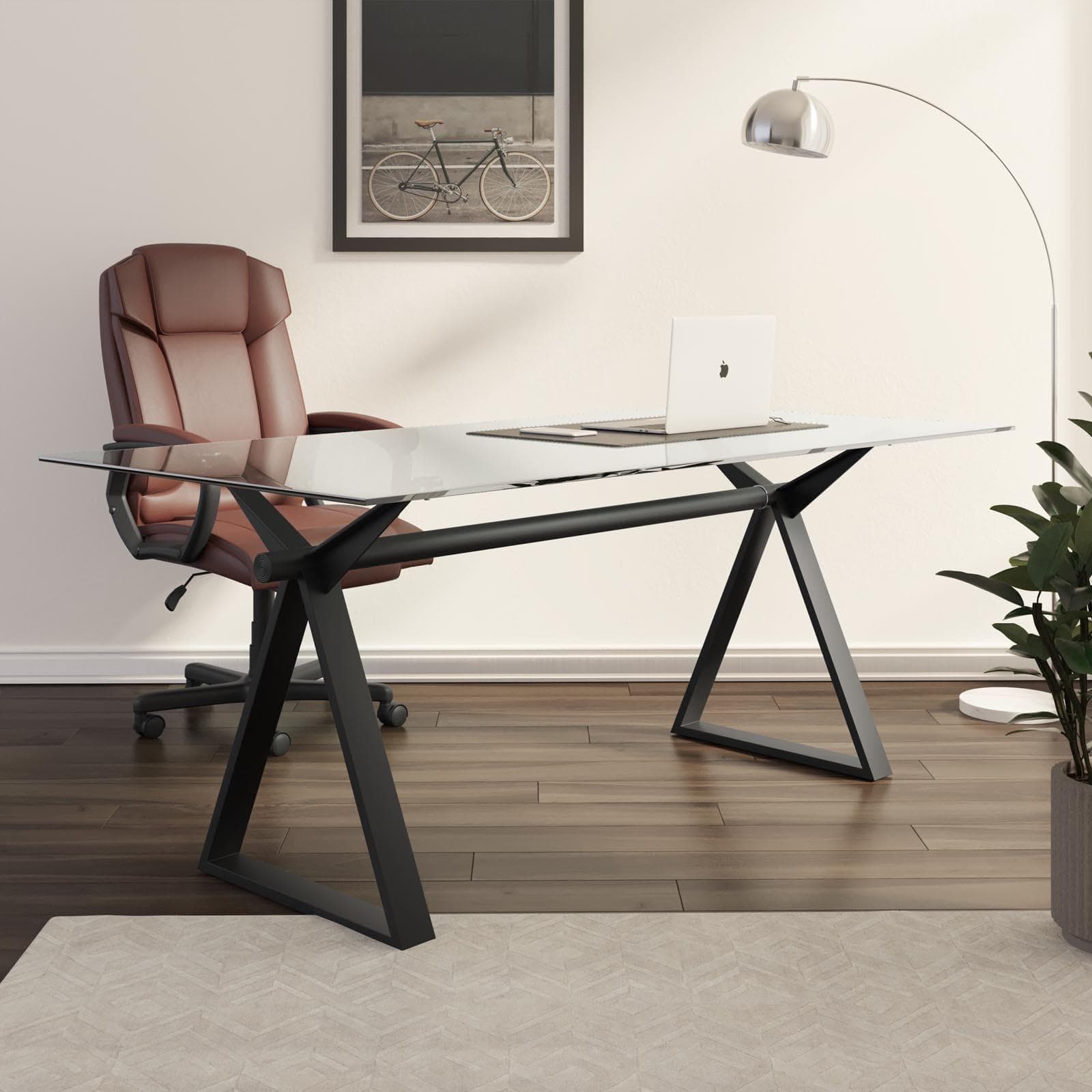 Scrivania 180x90 cm piano vetro temperato 10 mm e base in acciaio nero - Masao XL
