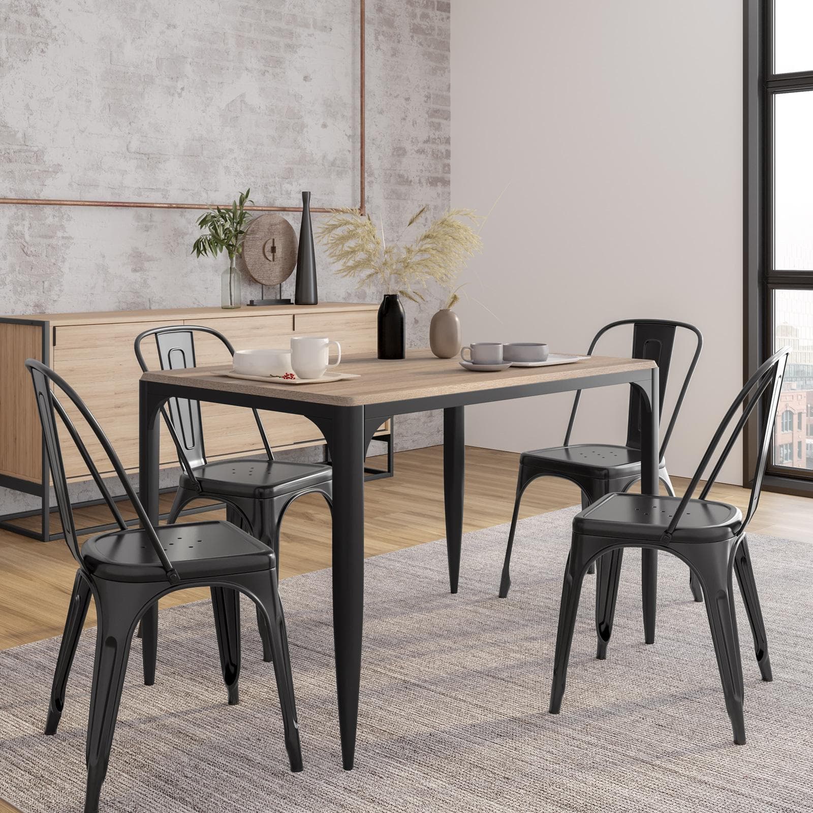 Tavolo stile industrial 116x75 cm top effetto rovere chiaro e struttura in metallo nero - Maxime