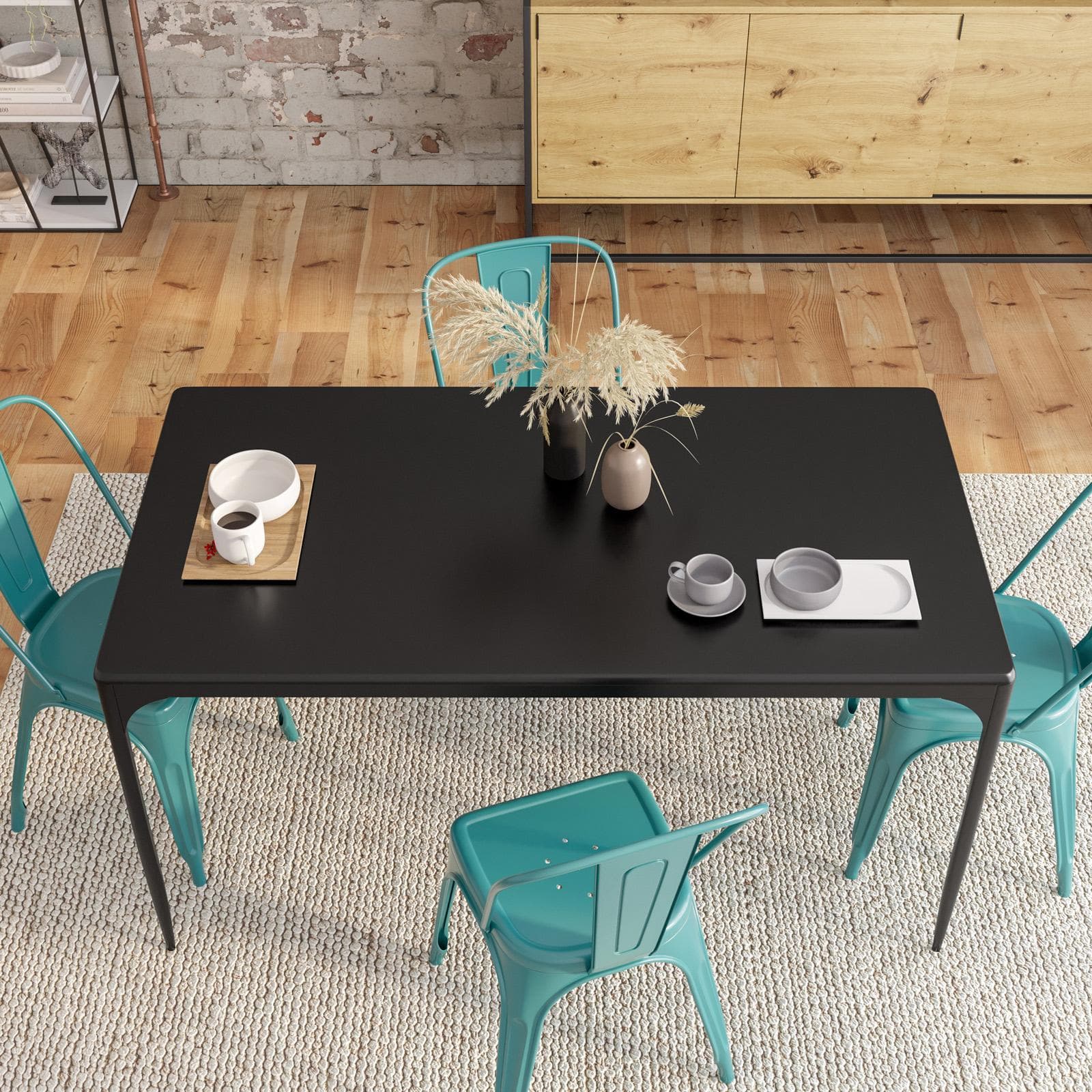 Tavolo stile industrial 150x80 cm top effetto rovere nero e struttura in metallo - Maxime
