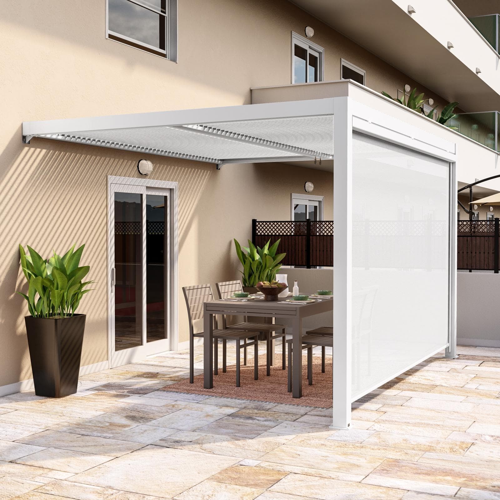 Tenda a caduta bianca lato da 3,6 m per pergola e gazebo bioclimatico effetto legno - Enea Wood