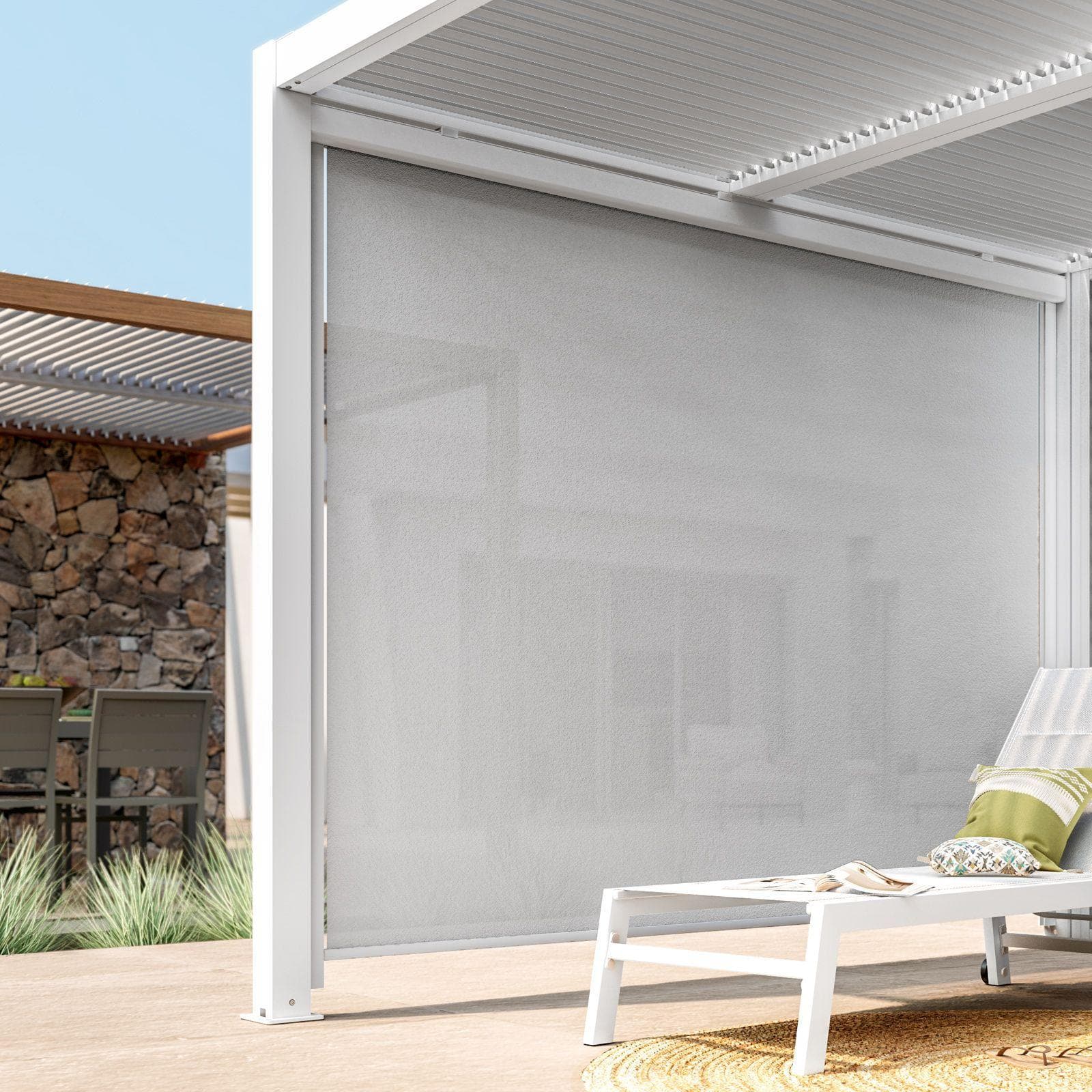 Tenda a caduta bianca lato da 3,6 m per pergola e gazebo bioclimatico effetto legno - Enea Wood