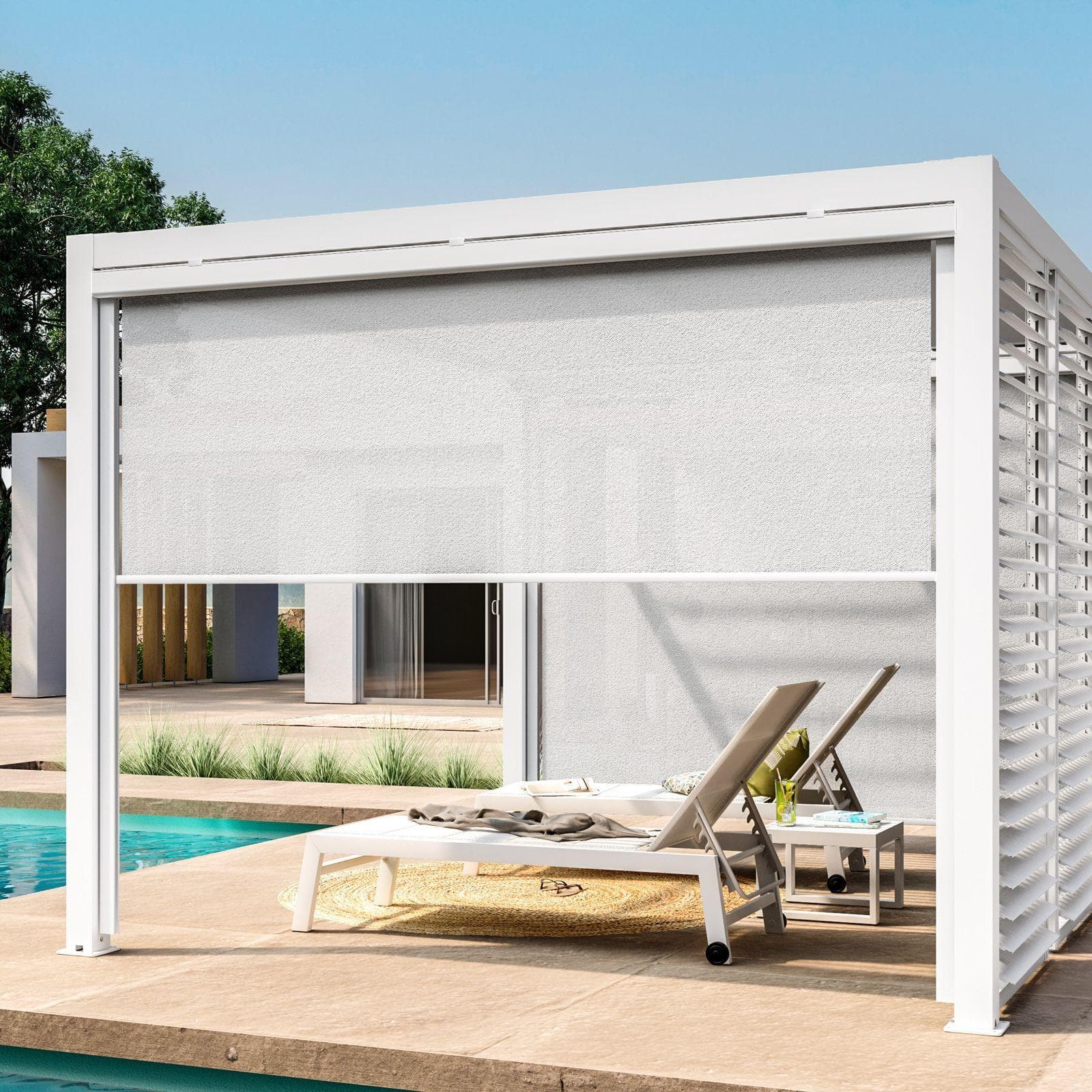 Tenda a caduta bianca lato da 3,6 m per pergola e gazebo bioclimatico effetto legno - Enea Wood