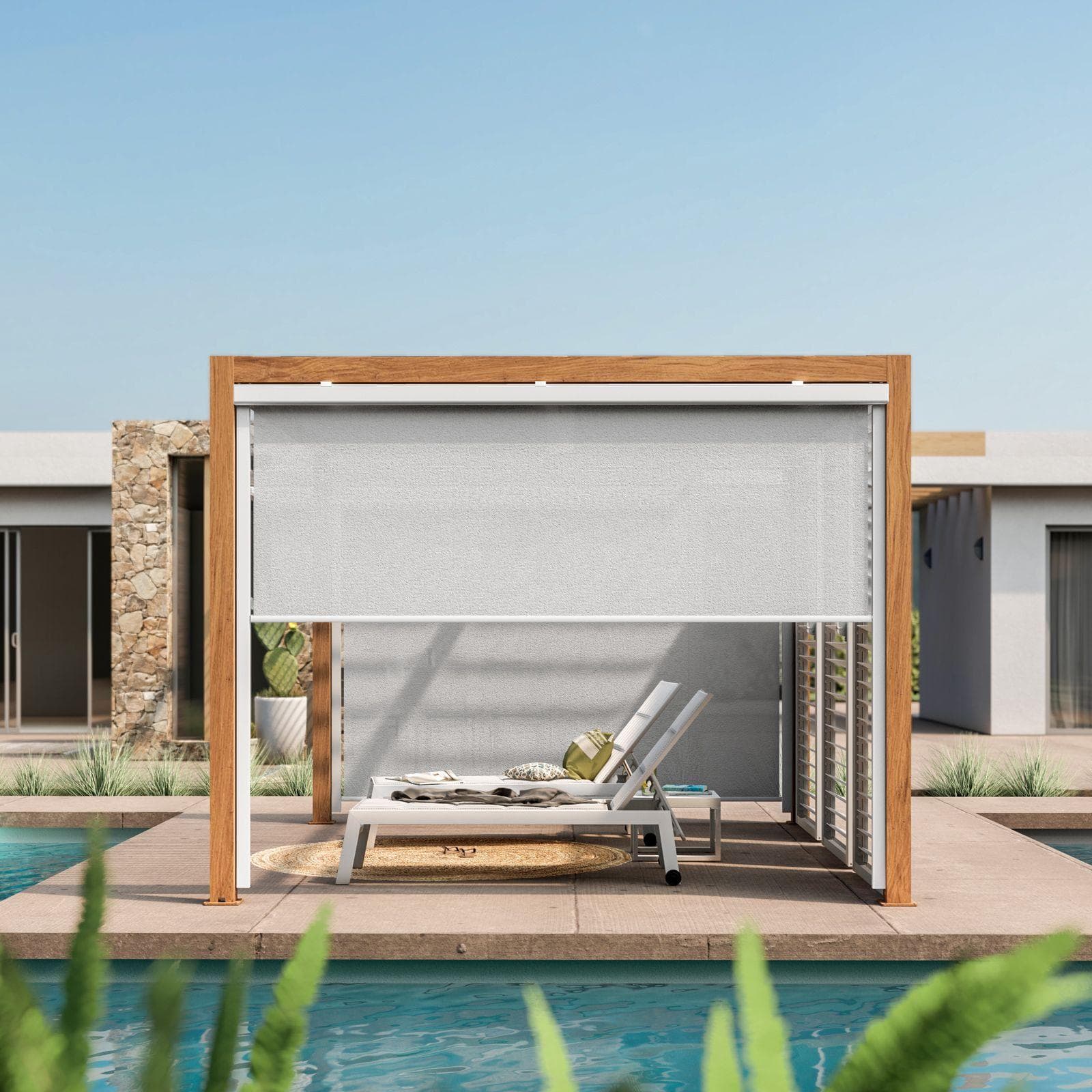 Tenda a caduta bianca lato da 3,6 m per pergola e gazebo bioclimatico effetto legno - Enea Wood