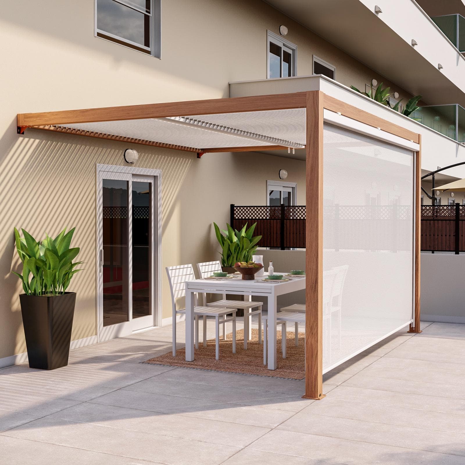 Tenda a caduta bianca lato da 3,6 m per pergola e gazebo bioclimatico effetto legno - Enea Wood