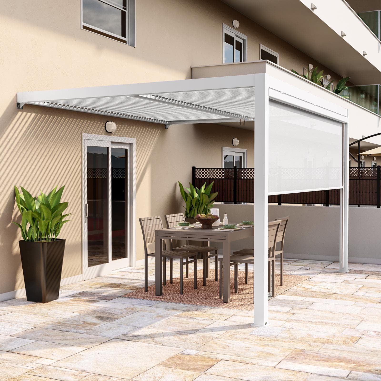 Tenda a caduta bianca lato da 3,6 m per pergola e gazebo bioclimatico effetto legno - Enea Wood