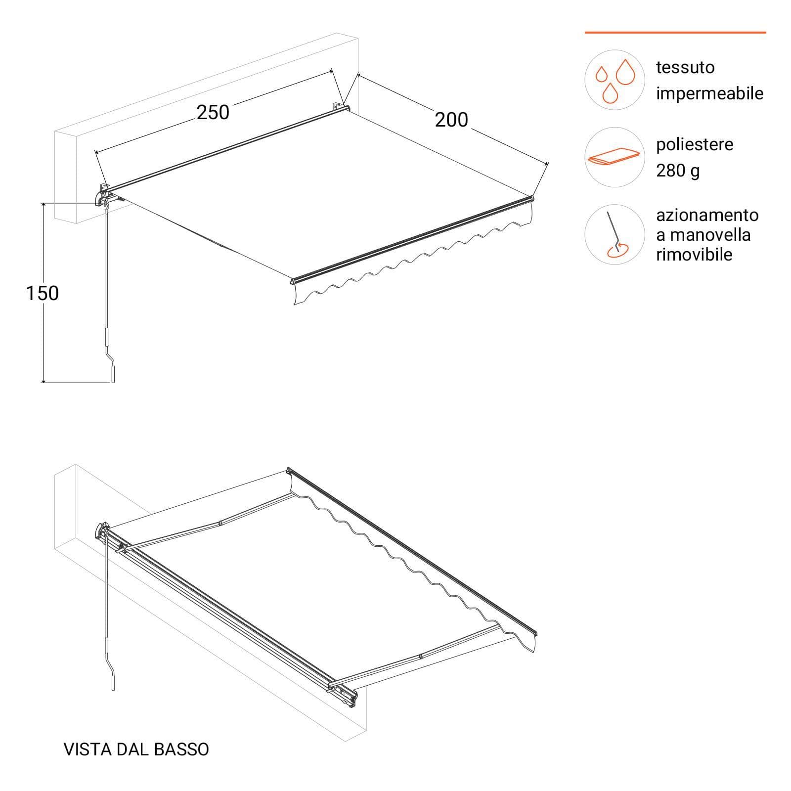 Tenda da sole retrattile deluxe 250 cm estensione 200 cm bordeaux a righe