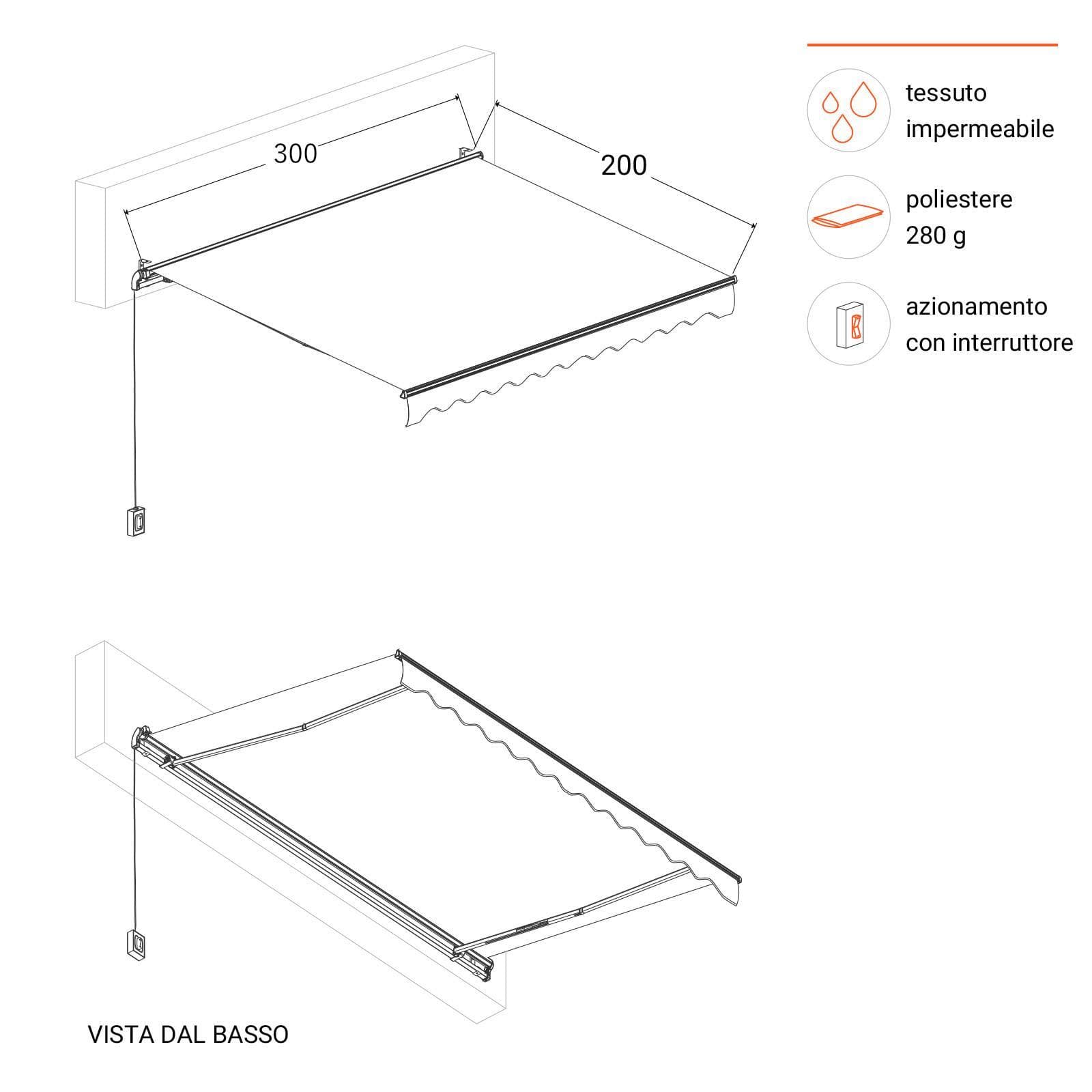 Tenda da sole motorizzata 300 cm estensione 200 cm marrone con interruttore