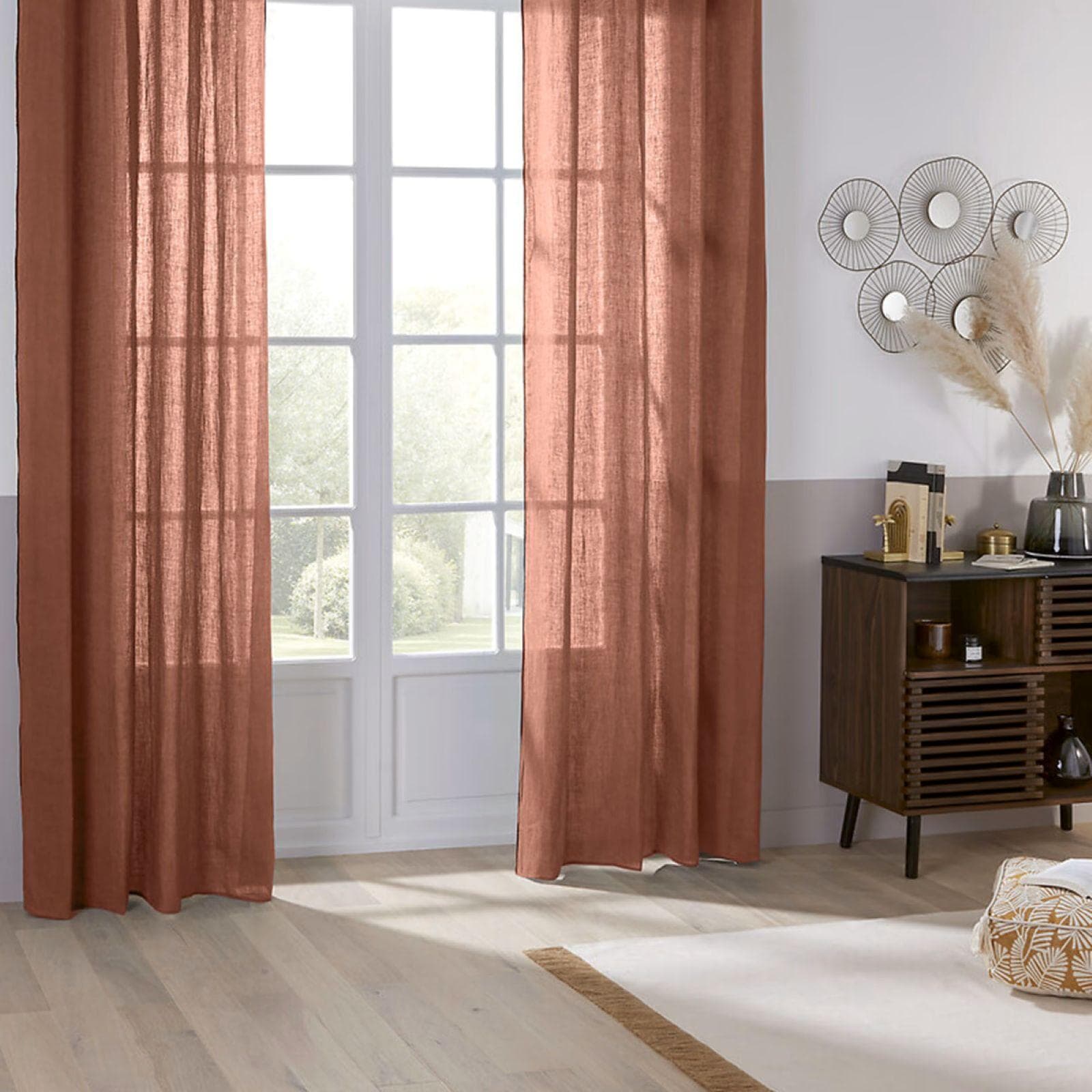 Tenda semi filtrante 130x260h cm in lino naturale terracotta - Elira