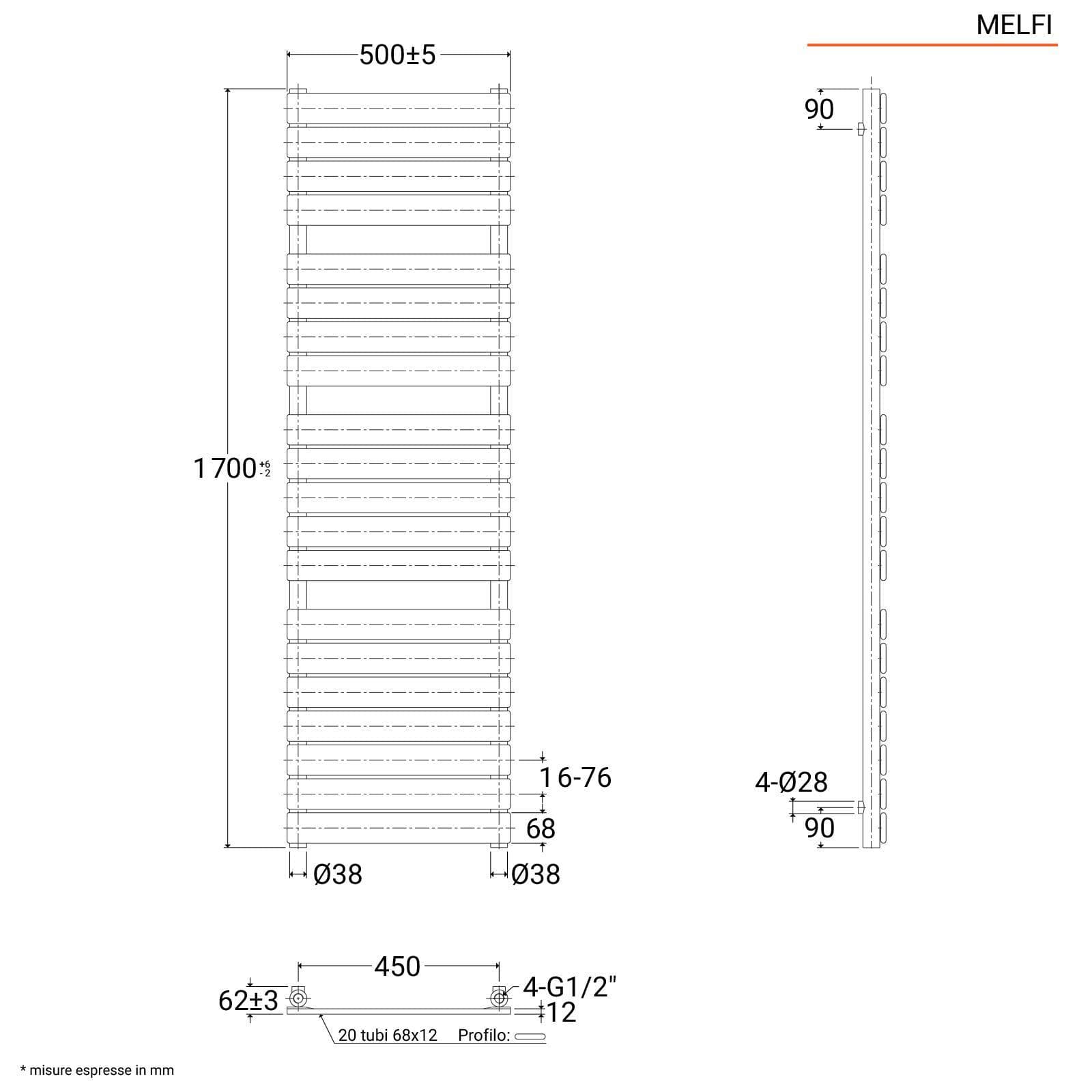 Termoarredo a tubo piatto 1700x500 mm antracite - Melfi