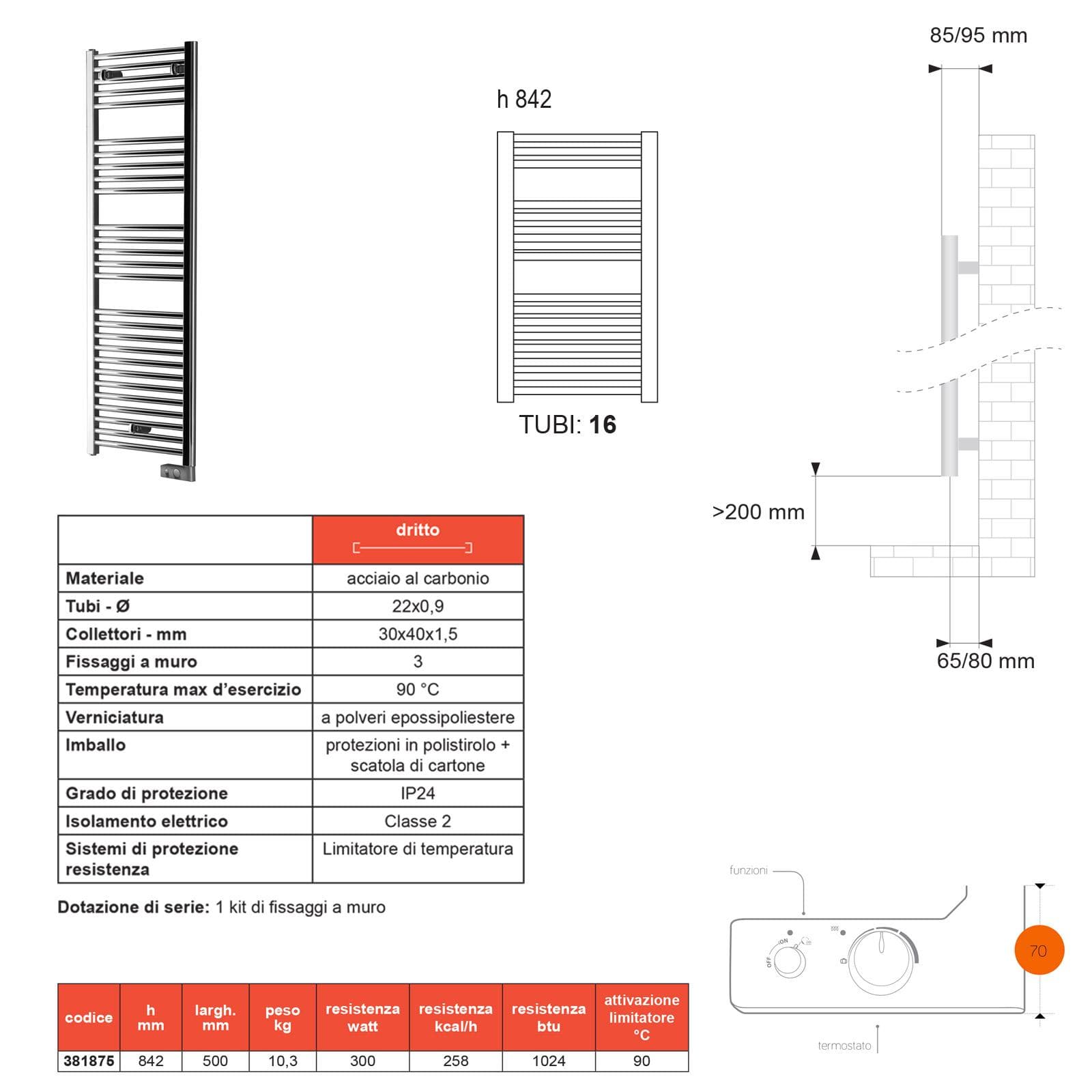 Termoarredo elettrico 842x500 mm termostato cromo - E-Cortina di Lazzarini