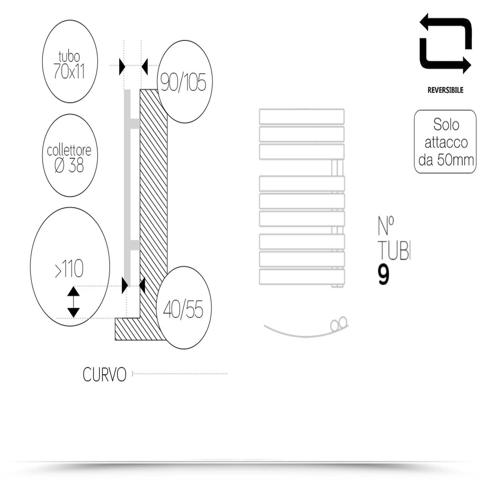 Termoarredo 780x550 mm cromo tubi curvi con attacco laterale reversibile - Pieve di Lazzarini