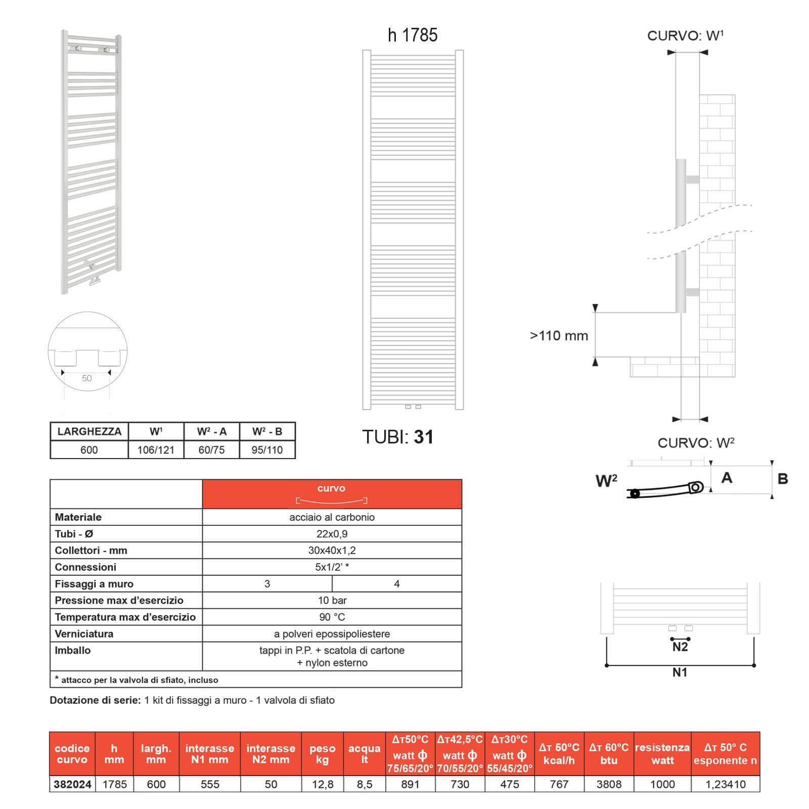 Termoarredo 50 curvo 1785x600 mm bianco lucido attacco centrale- Bolzano di Lazzarini