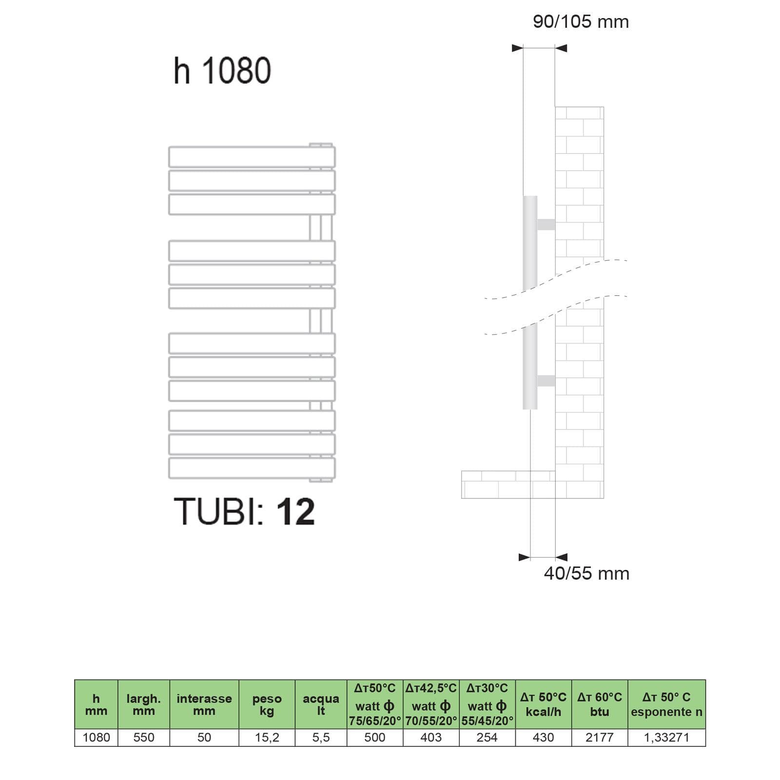 Termoarredo 1080x550 mm bianco tubi curvi e attacco reversibile - Pieve di Lazzarini