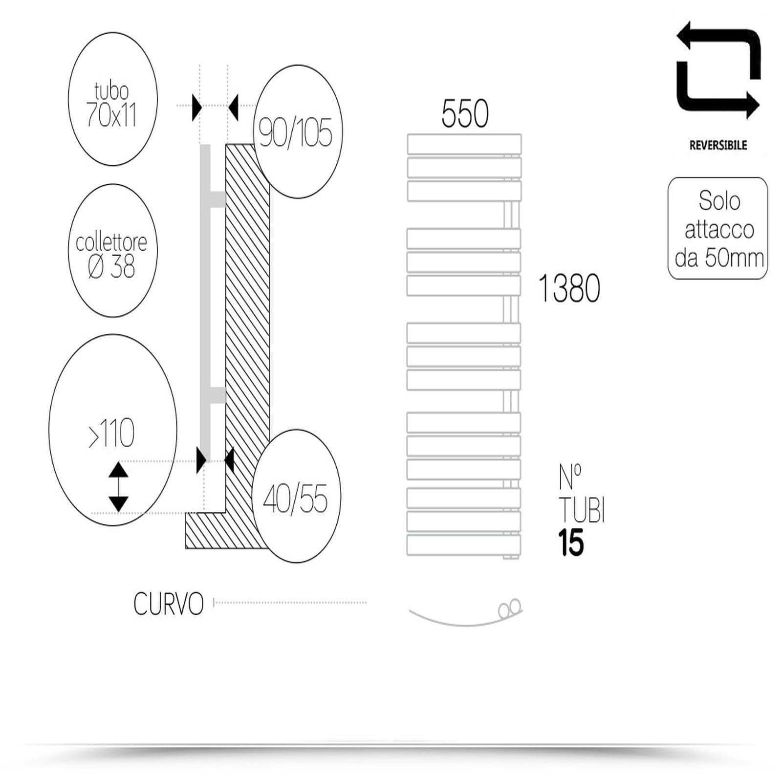 Termoarredo 1380x550 mm cromo tubi curvi - Pieve di Lazzarini