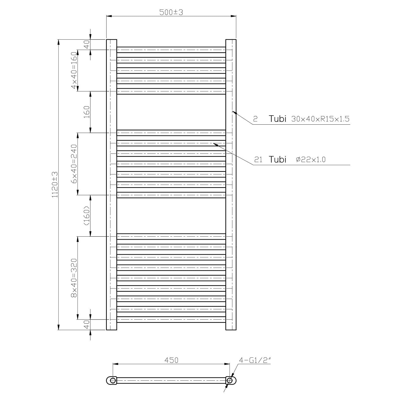 Termoarredo scaldasalviette 1120x500 cromato interasse 450 mm - Alpina