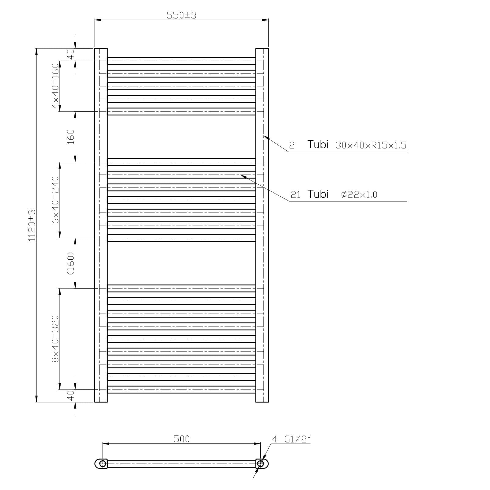 Termoarredo scaldasalviette 1120x550 cromato interasse 500 mm - Alpina