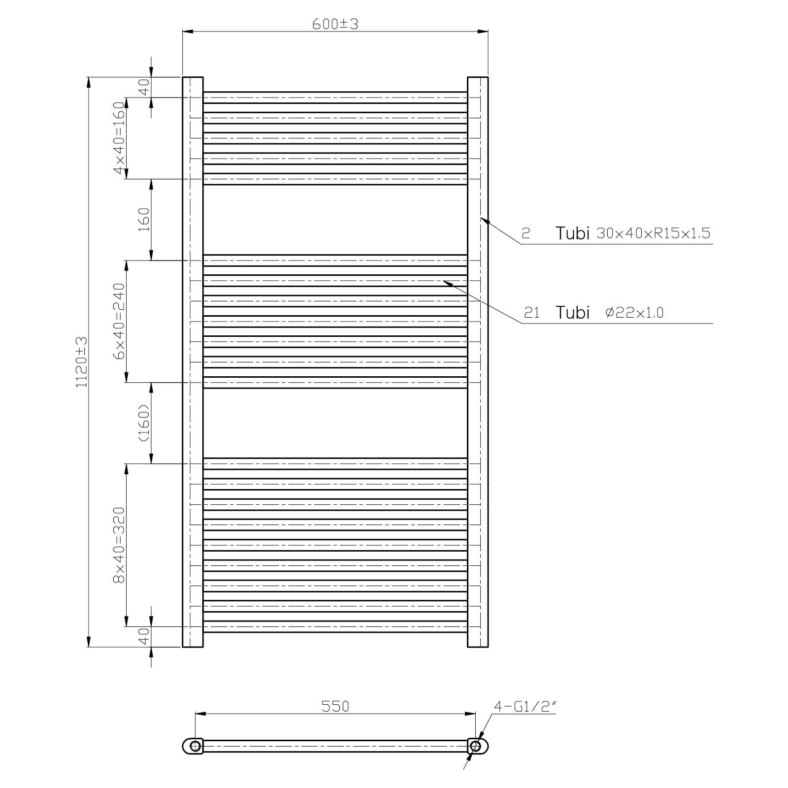 Termoarredo scaldasalviette 1120x600 cromato interasse 550 mm - Alpina