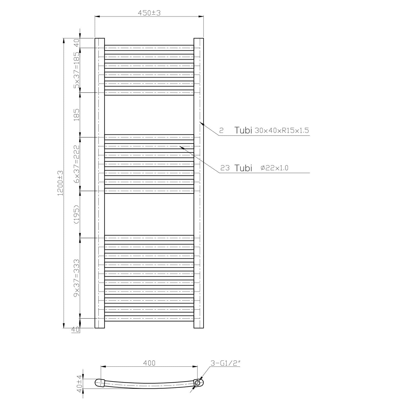 Termoarredo scaldasalviette 1200x450 bianco curvo interasse 400 mm - Alpina